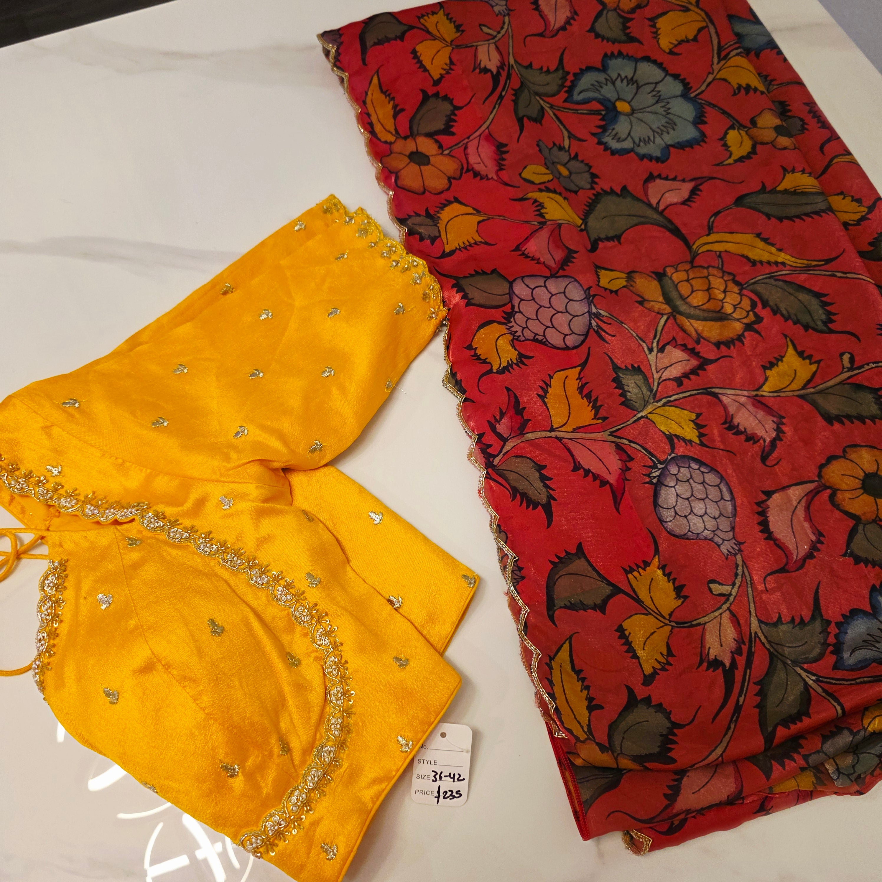 Red Crape Silk Saree With Yellow Jacket Blouse