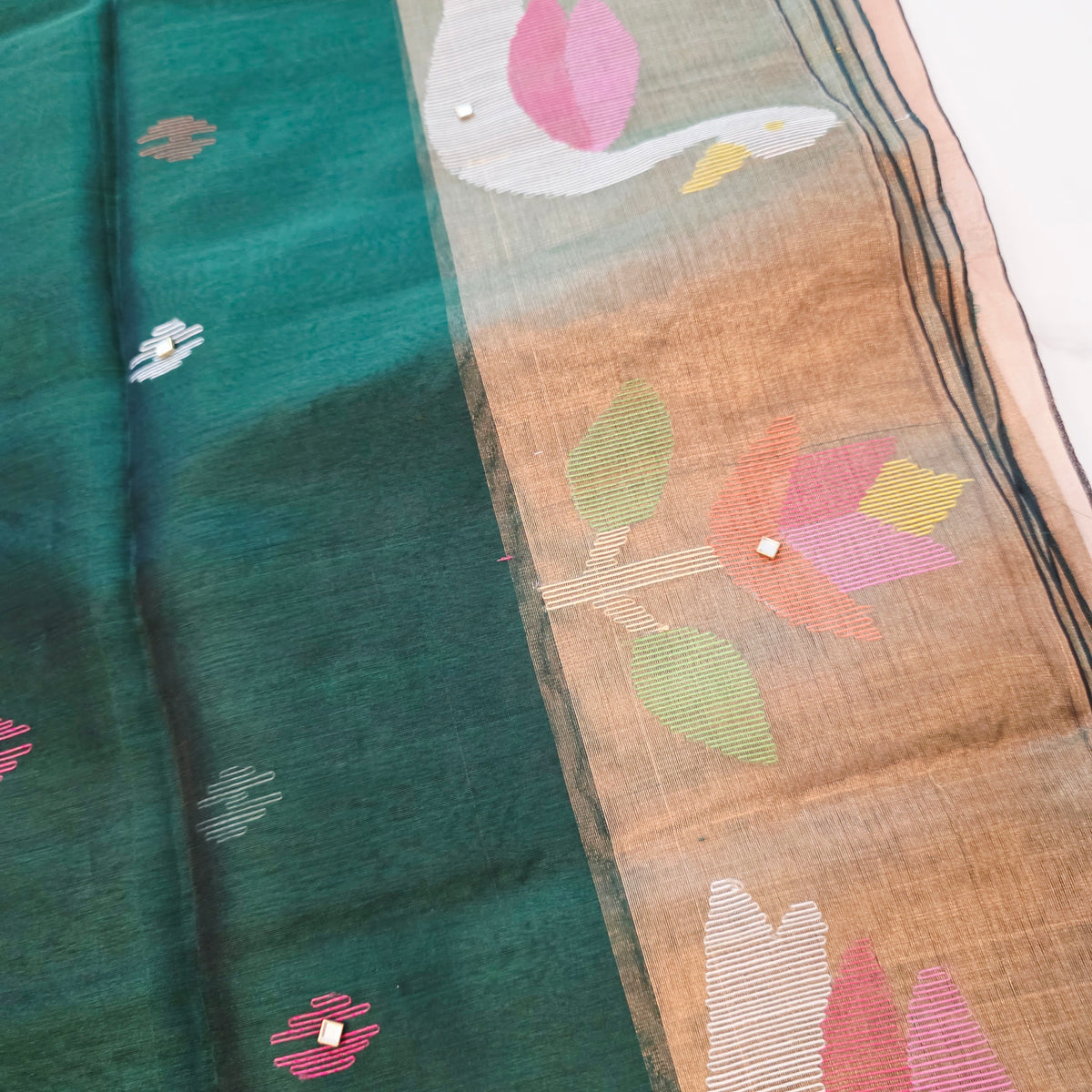 Womens Green Jamdani Saree and Self blouse with maggam work