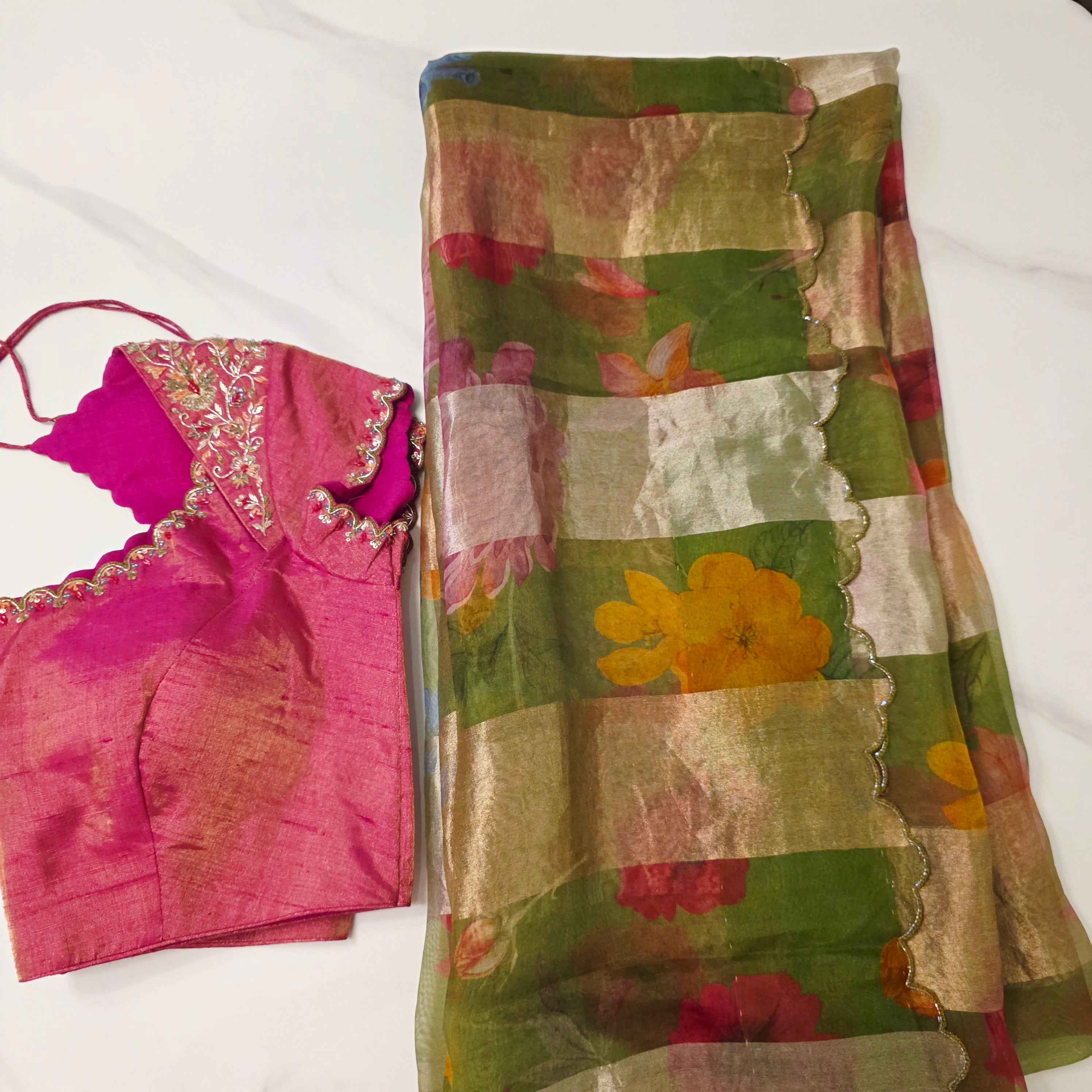 Green Stripes Premium Organza Saree with Cutwork borders paired with Tissue Rawsilk Maggam Blouse