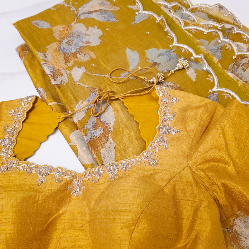 Golden Yellow Pure Tissue Saree with Saree Highlights and Rawsilk Maggam work Blouse