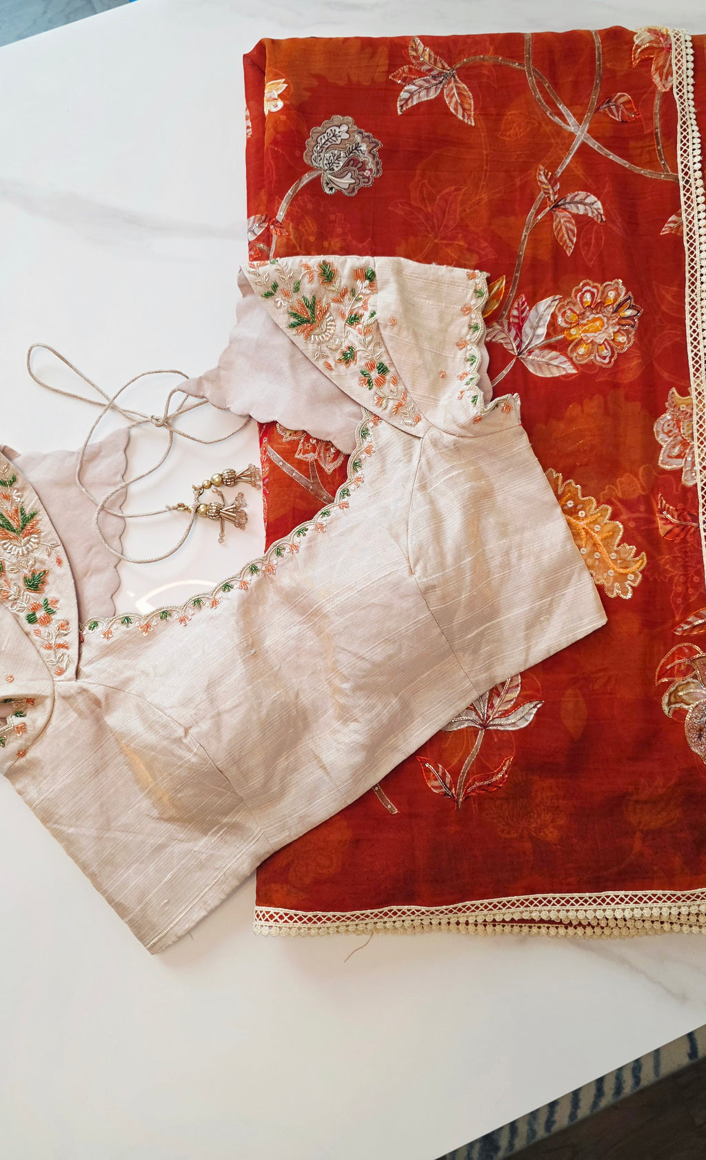 Womens Floral Viscious Organza Saree and Tissue Rawsilk Maggam work blouse