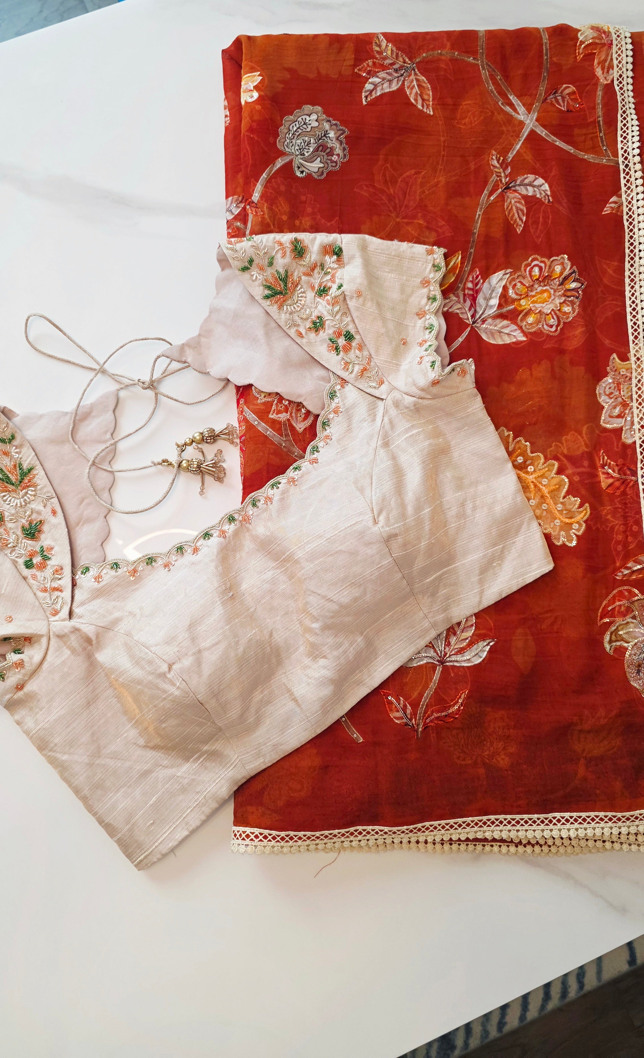 Womens Floral Viscious Organza Saree and Tissue Rawsilk Maggam work blouse