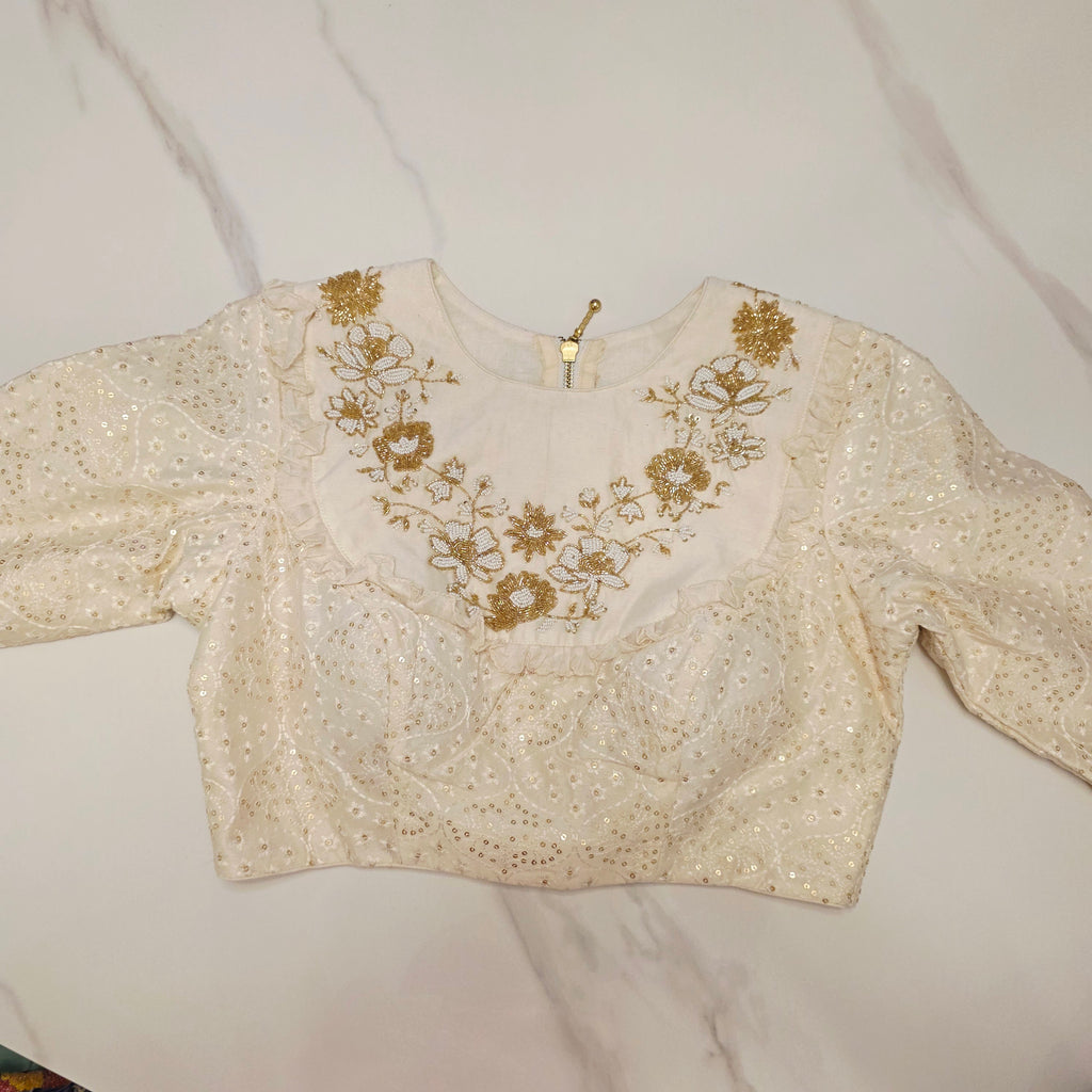 Violette Tissue-Saree mit Kalamkari-Patchwork und Designer-Bluse