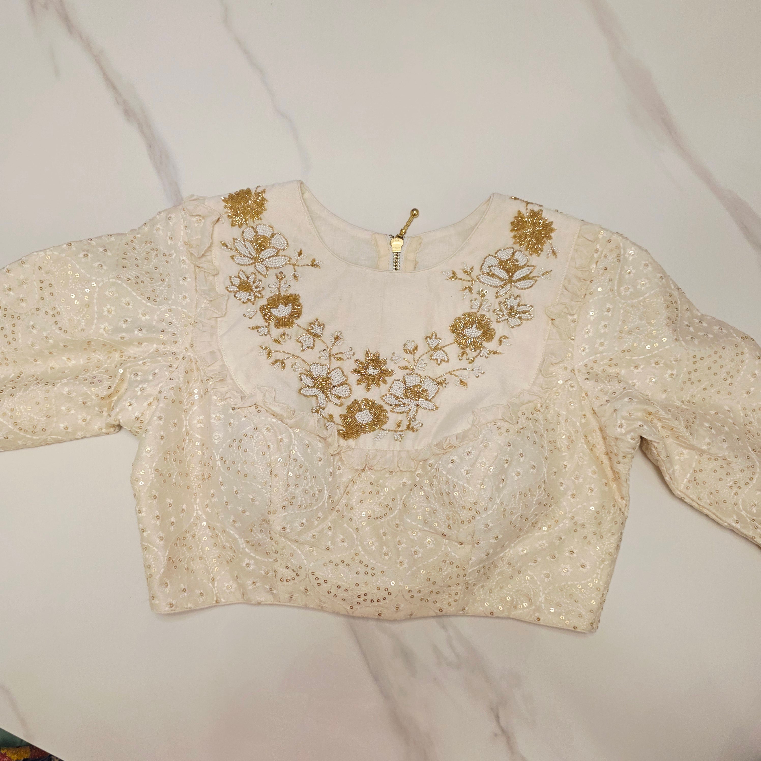 Violette Tissue-Saree mit Kalamkari-Patchwork und Designer-Bluse