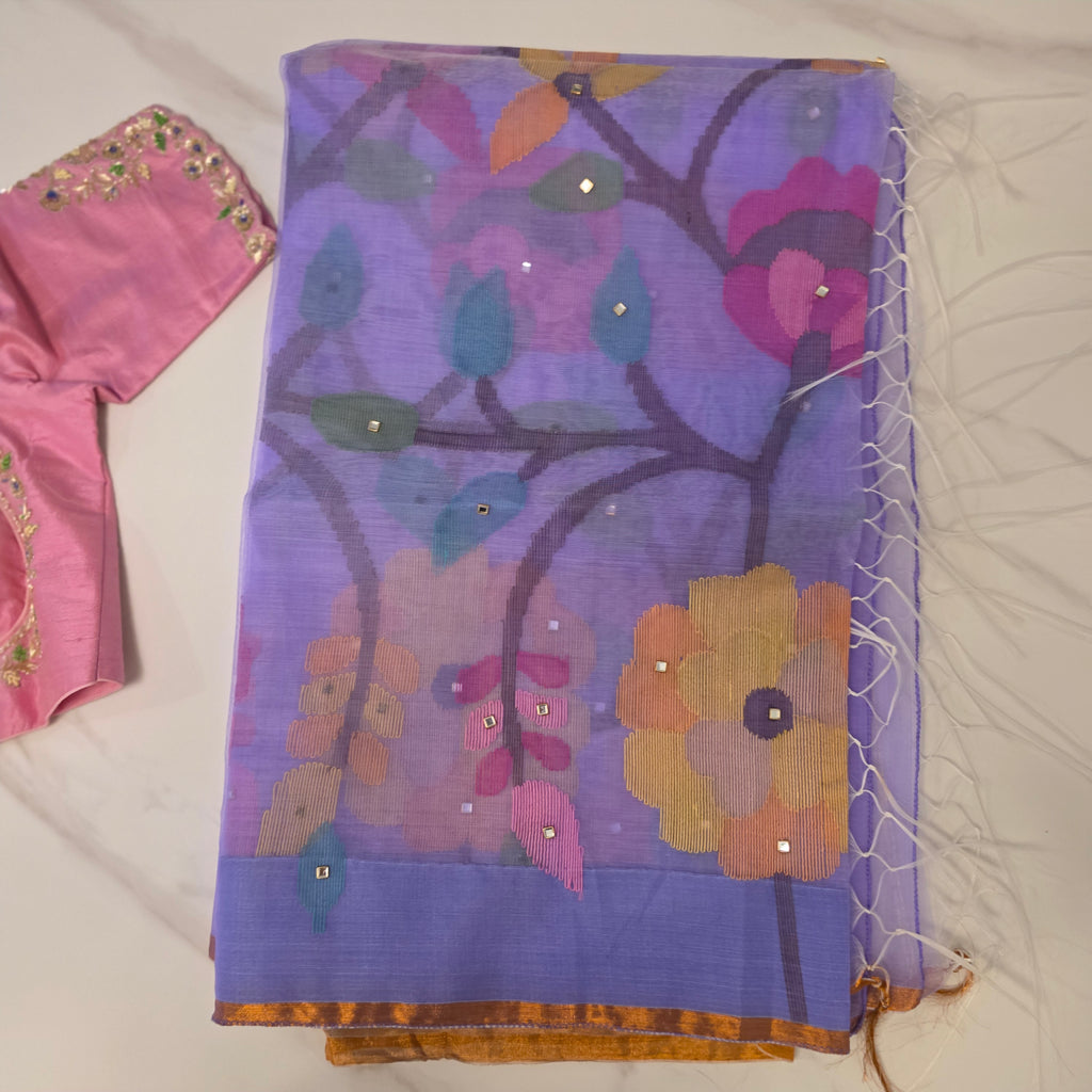Womens Muslin Jamdani Saree with Kundan Highlights and designer blouse