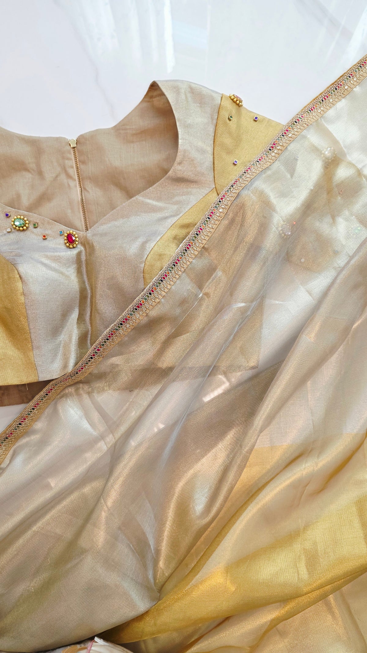 Womens Banaras Gokd and Sikver Tissue Saree with Navrathna Blouse