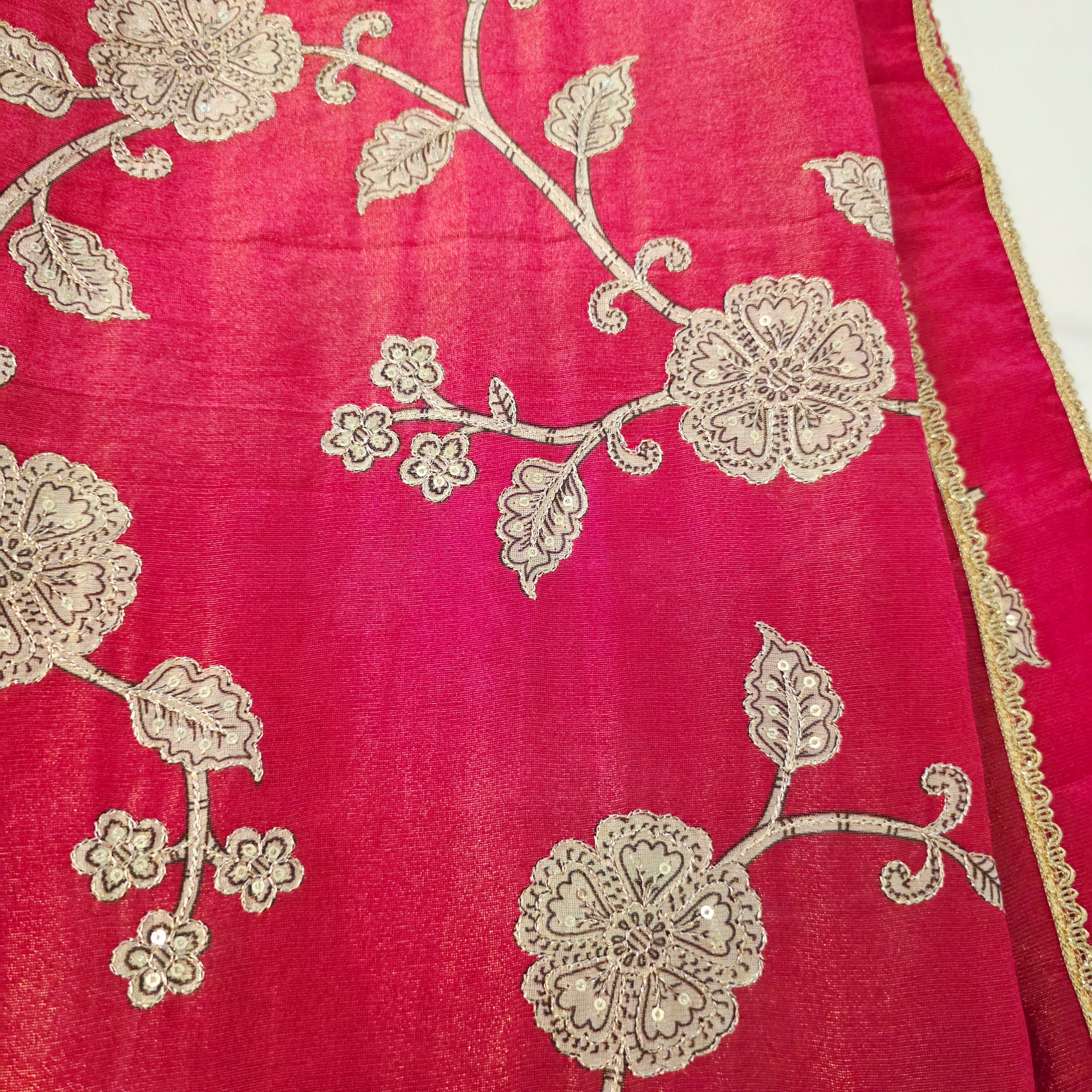 Pink Tissue Saree With Kalamkari Applique Work and Beautiful Net Blouse