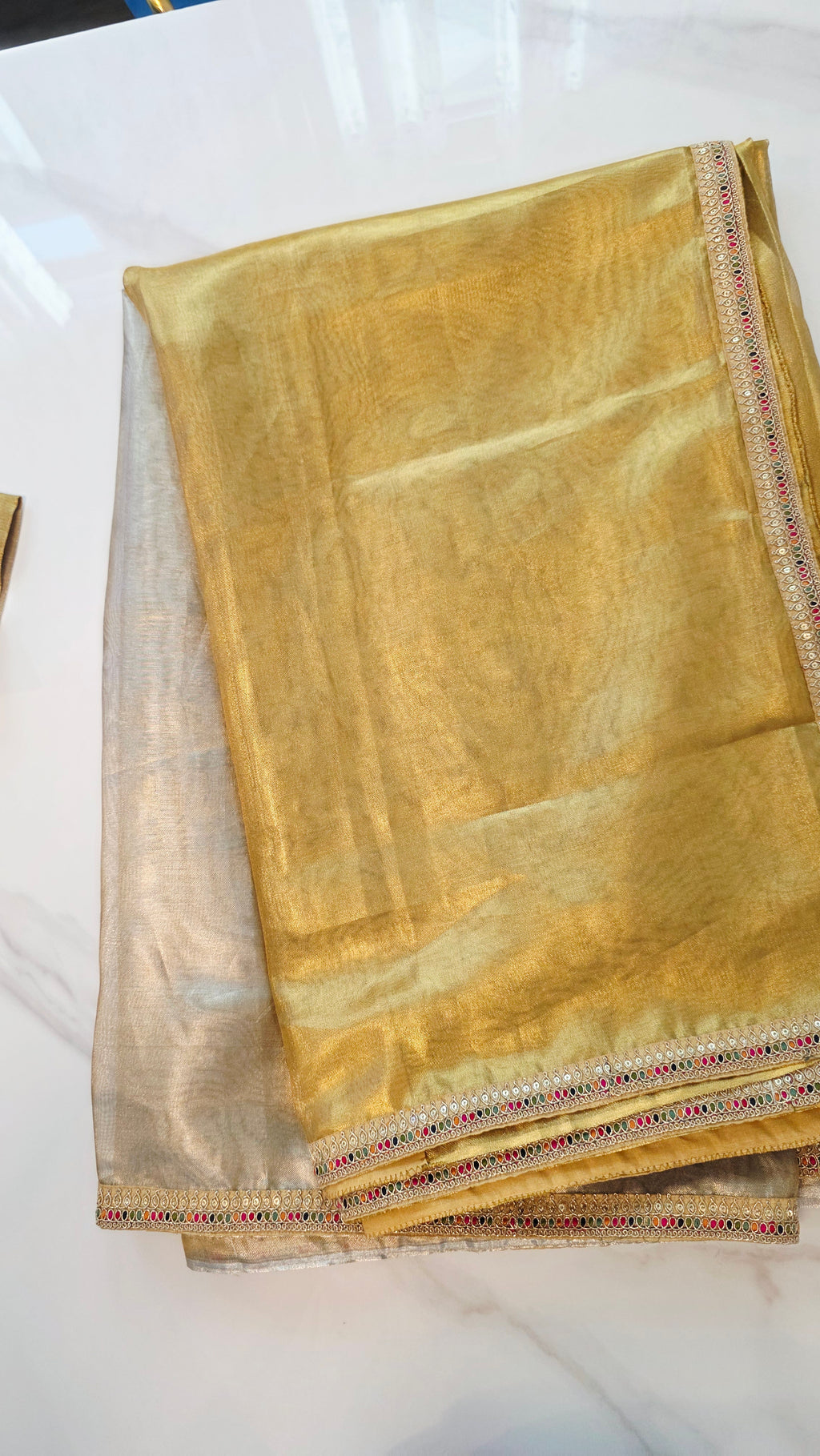 Womens Banaras Gokd and Sikver Tissue Saree with Navrathna Blouse
