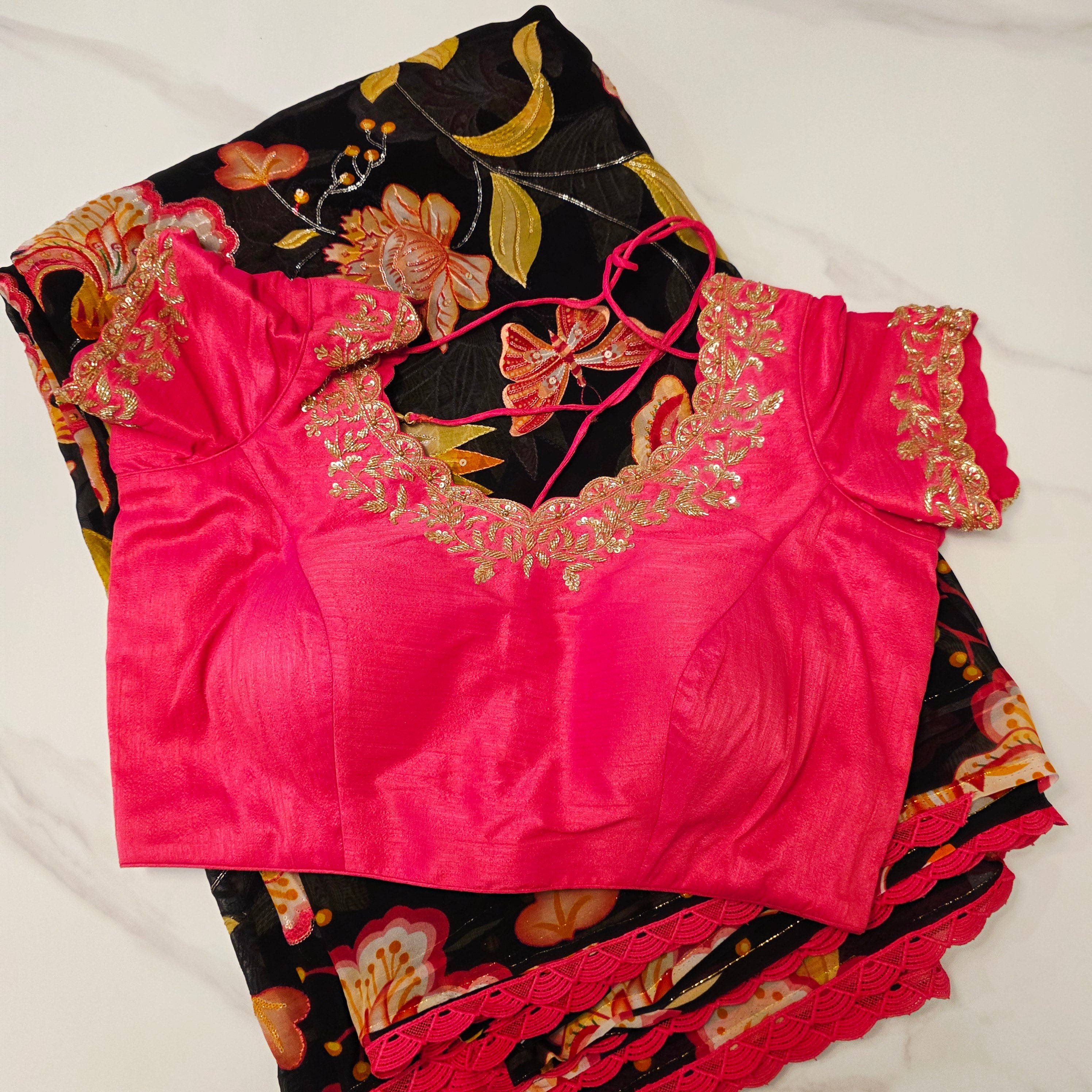 Trendy Black Floral Organza Saree With Maggam Work Blouse