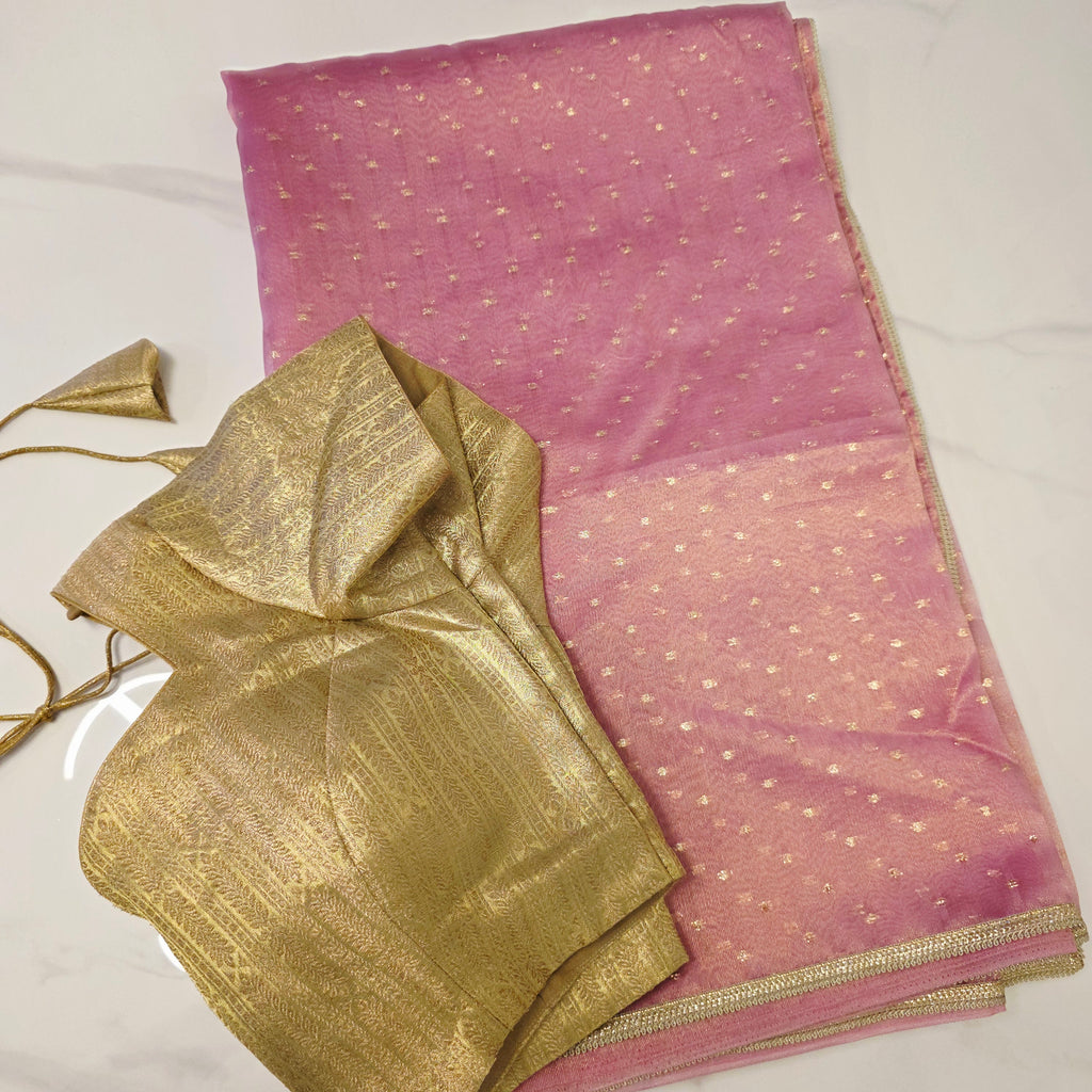 Damen Pink Falling Tissue Saree mit goldener Bluse