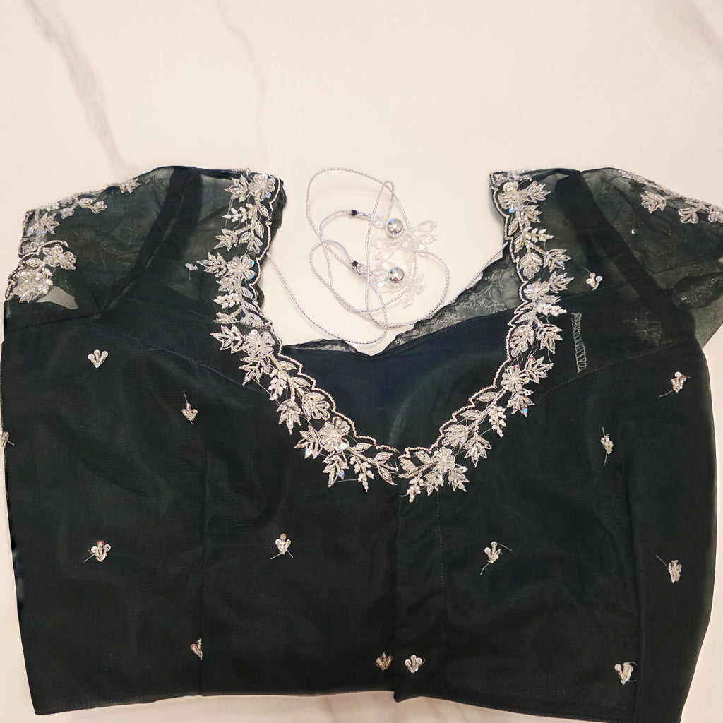 Bottle Green Viscious Organza Stripes Saree with Net Maggamwork blouse