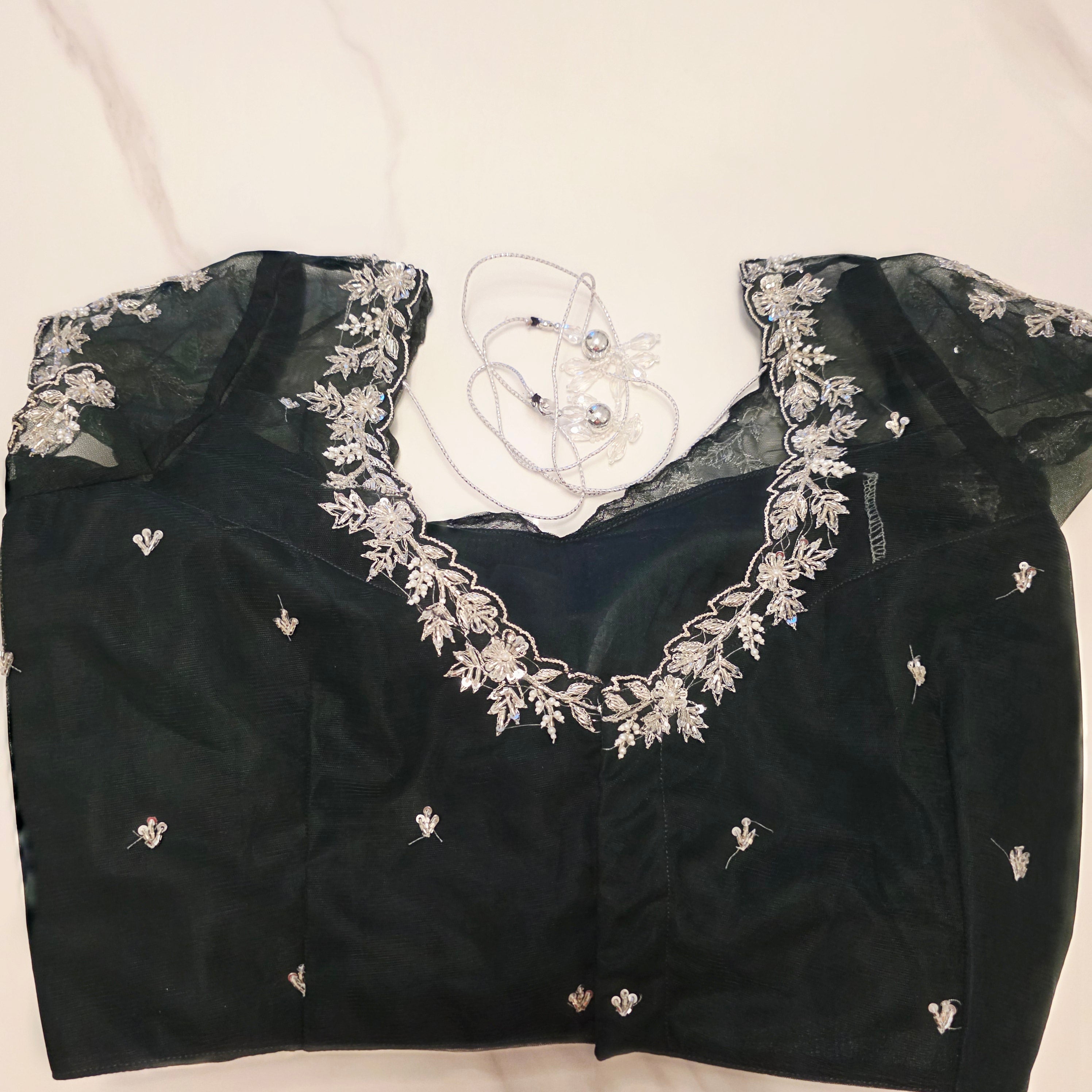 Bottle Green Viscious Organza Stripes Saree with Net Maggamwork blouse