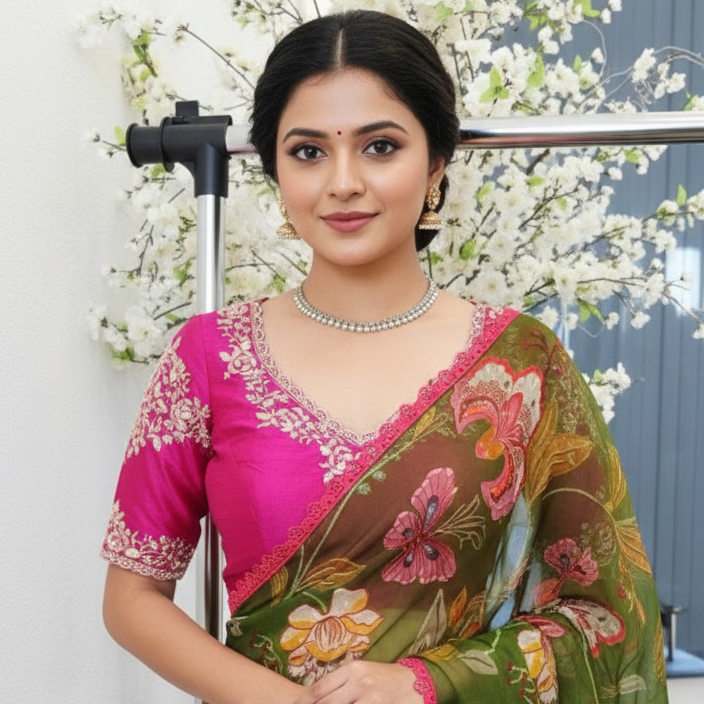 Mehndi Green Floral Organza Saree and Hot Pink Blouse