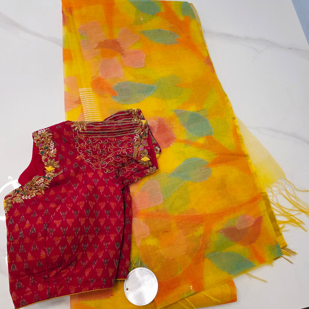 Gelbe Maslin Jamdani mit Patola Bluse