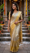 Womens Banaras Gokd and Sikver Tissue Saree with Navrathna Blouse