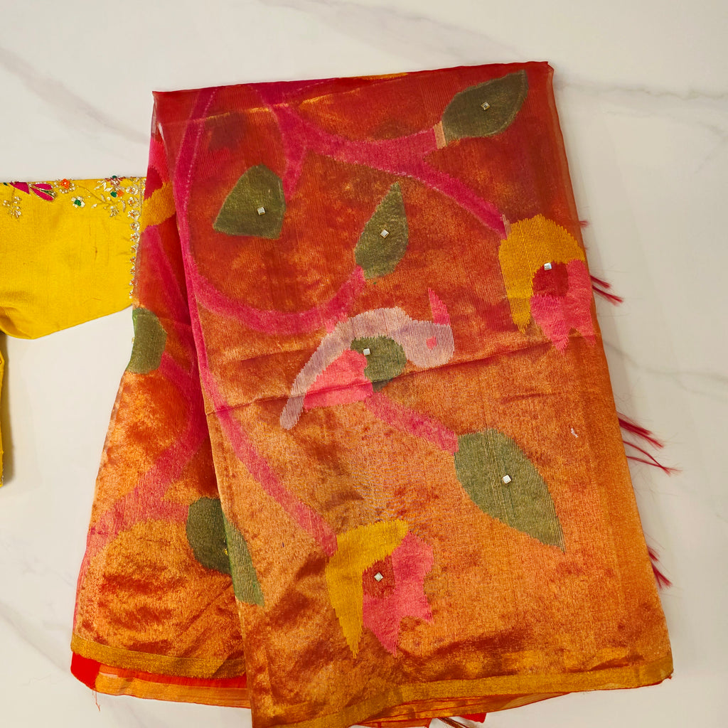 Womens Muslin Jamdani Saree with Kundan Highlights and designer blouse