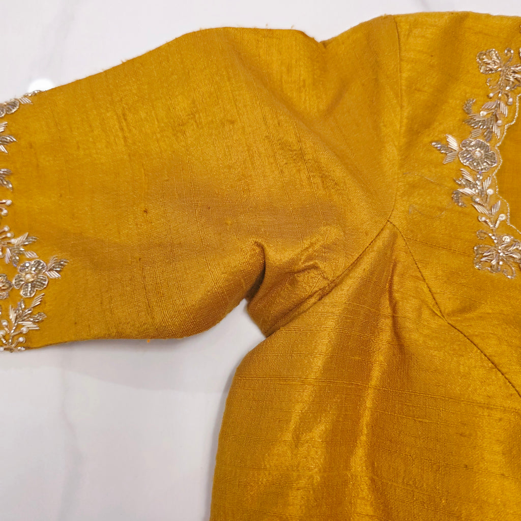 Golden Yellow Pure Tissue Saree with Saree Highlights and Rawsilk Maggam work Blouse
