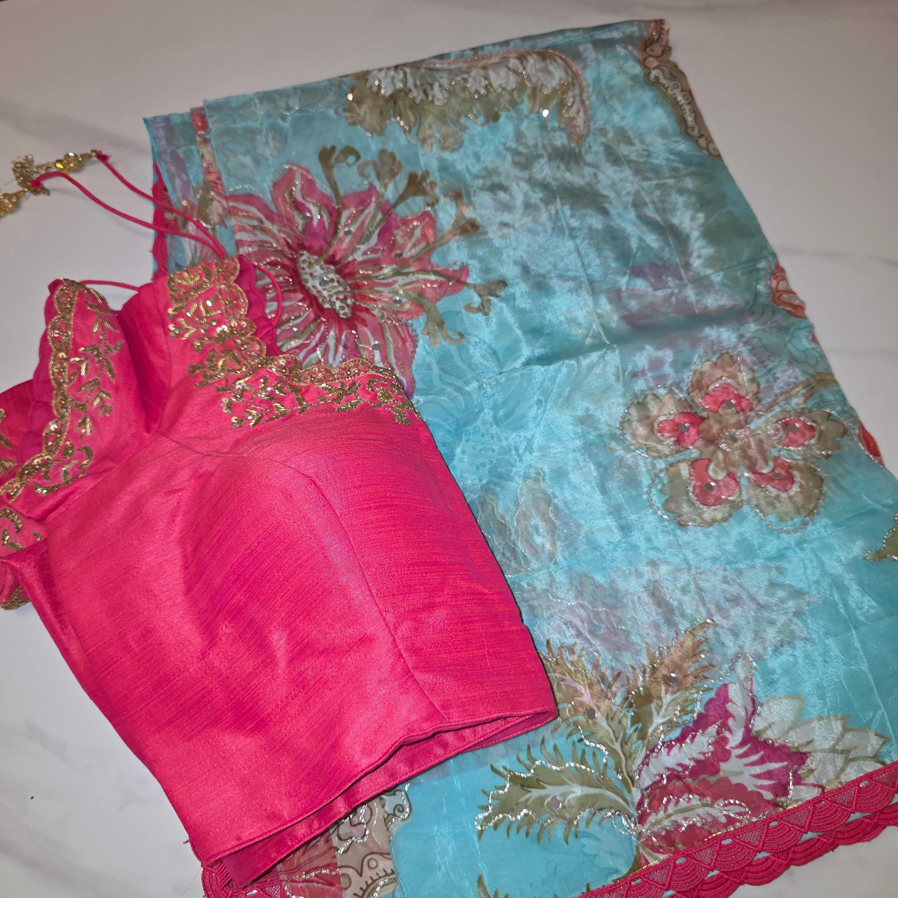 Light Blue Shiny Viscious Organza Saree paied with beautiful Maggam work Blouse