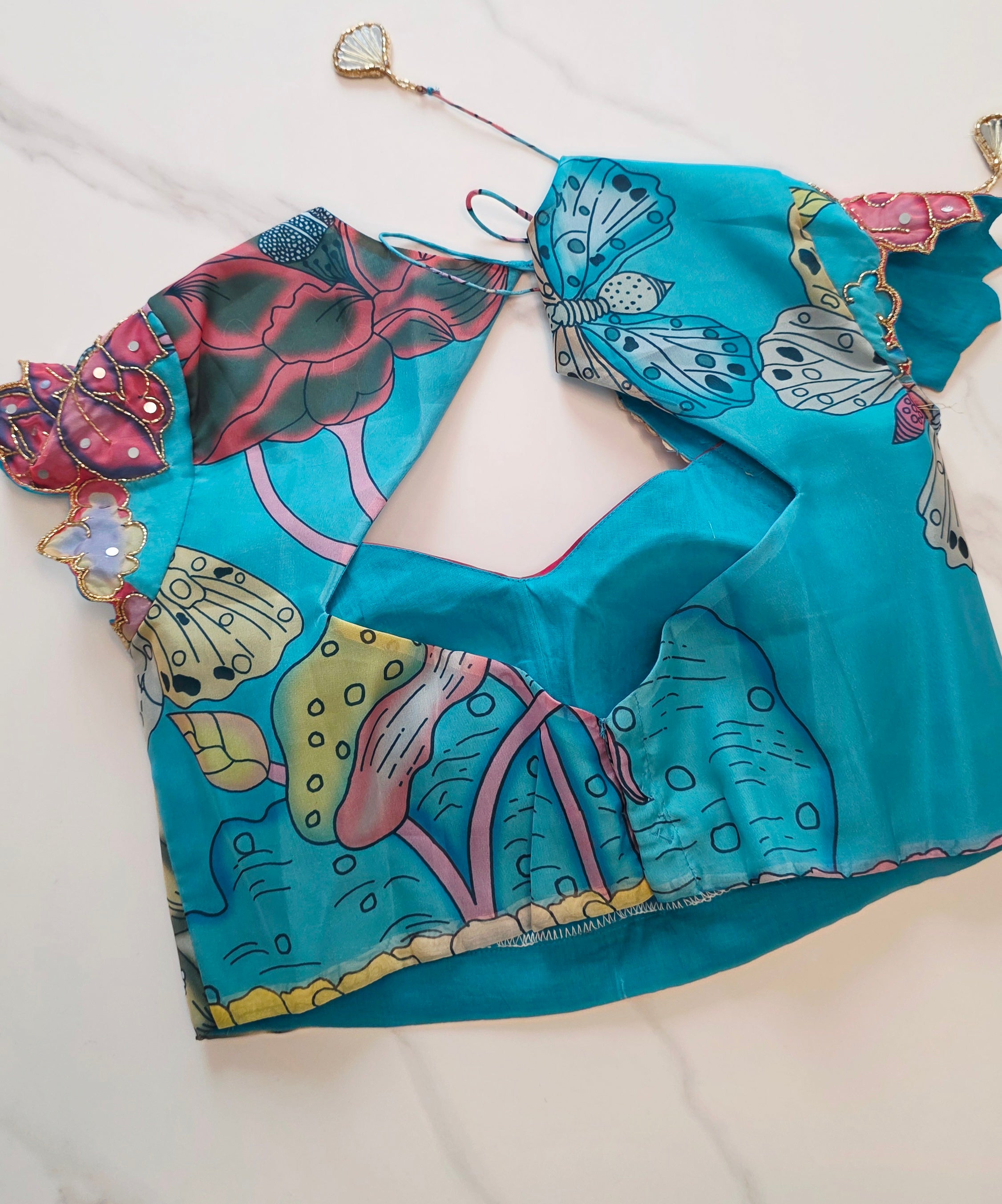 Womens Red and Blue Butterfly Kalmkari print saree and blouse