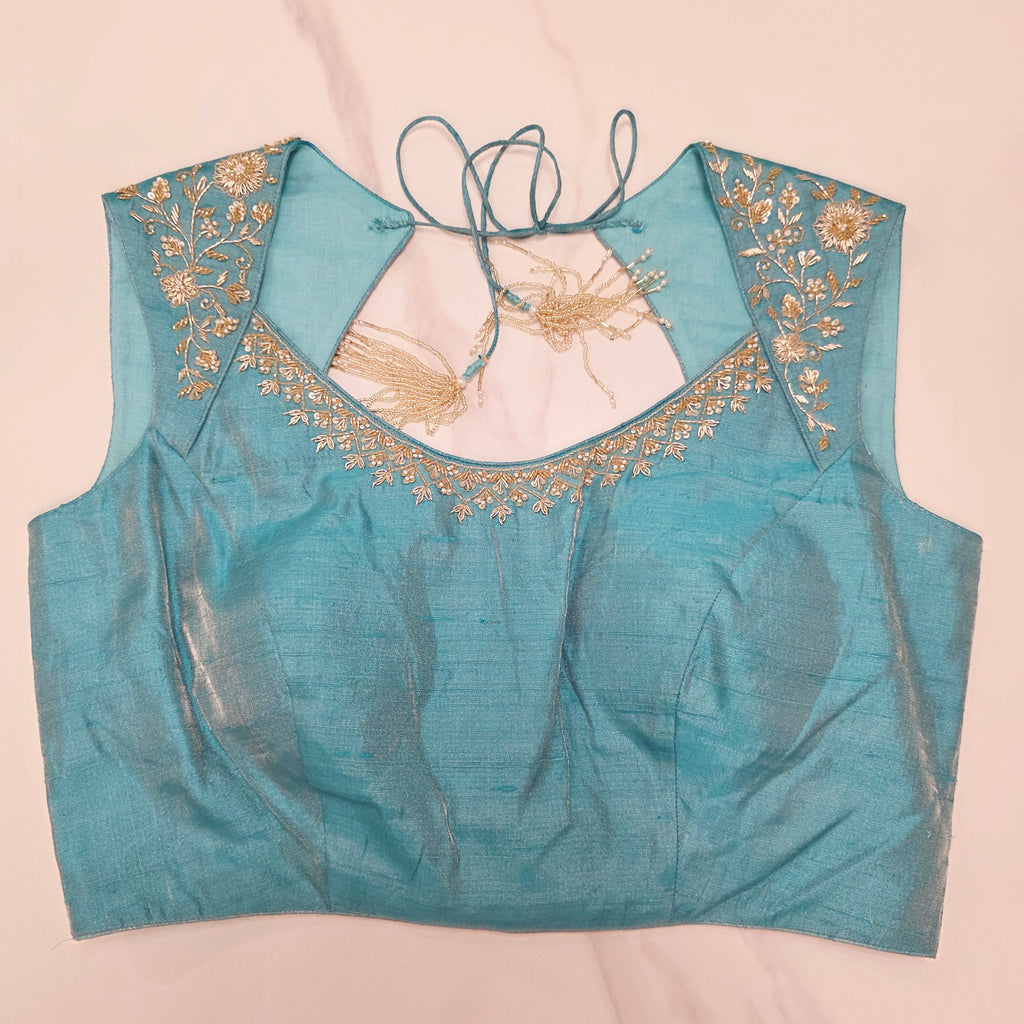 Baby Pink Sequin Georgette Saree With Skyblue Blouse