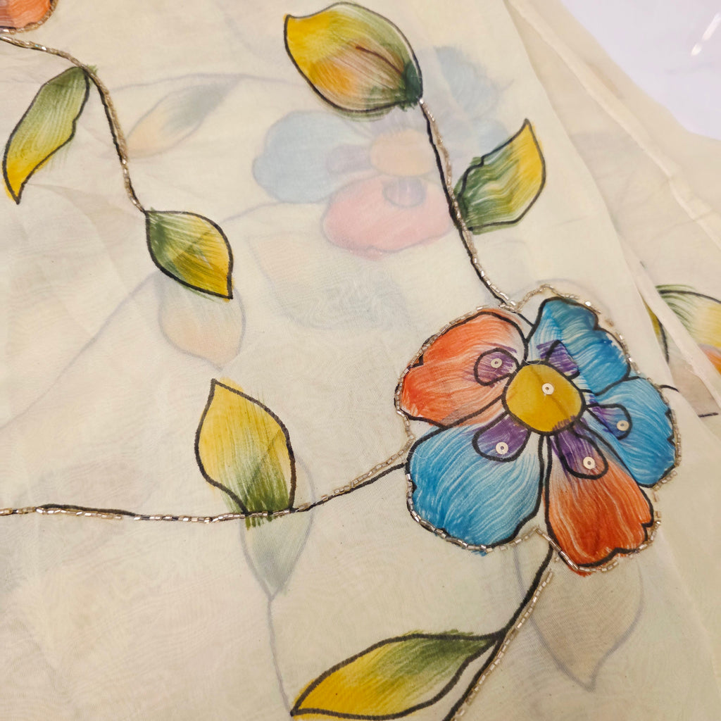 Hellgelbes, zähflüssiges Organza-Saree mit Kalamkari-Bluse