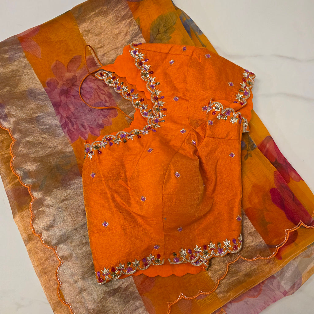 Green Stripes Premium Organza Saree with Cutwork borders paired with Tissue Rawsilk Maggam Blouse