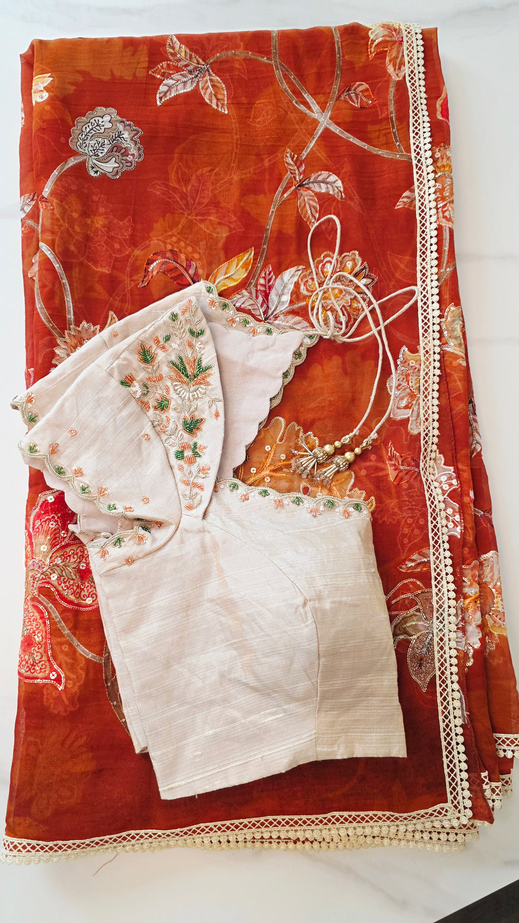 Womens Floral Viscious Organza Saree and Tissue Rawsilk Maggam work blouse