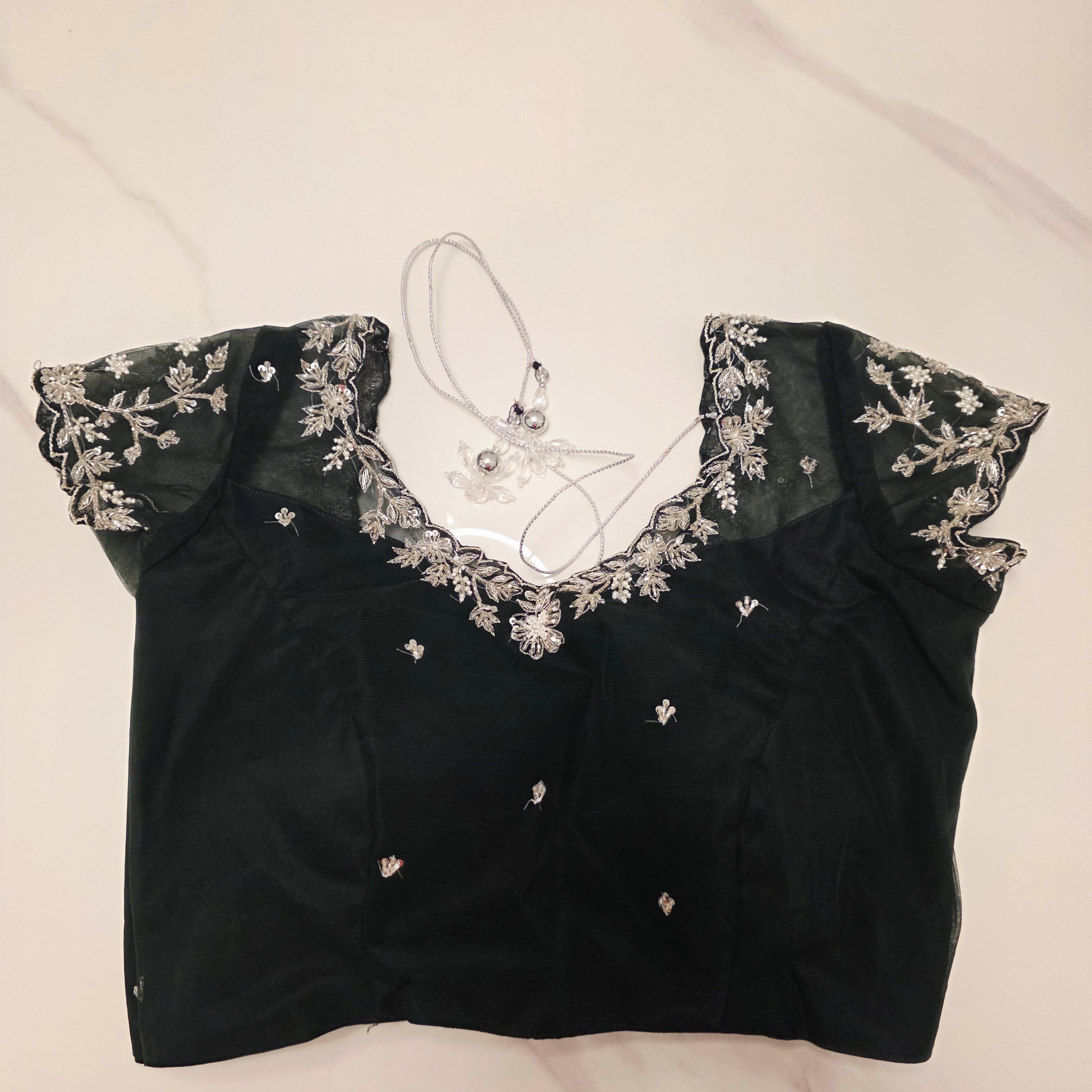 Bottle Green Viscious Organza Stripes Saree with Net Maggamwork blouse