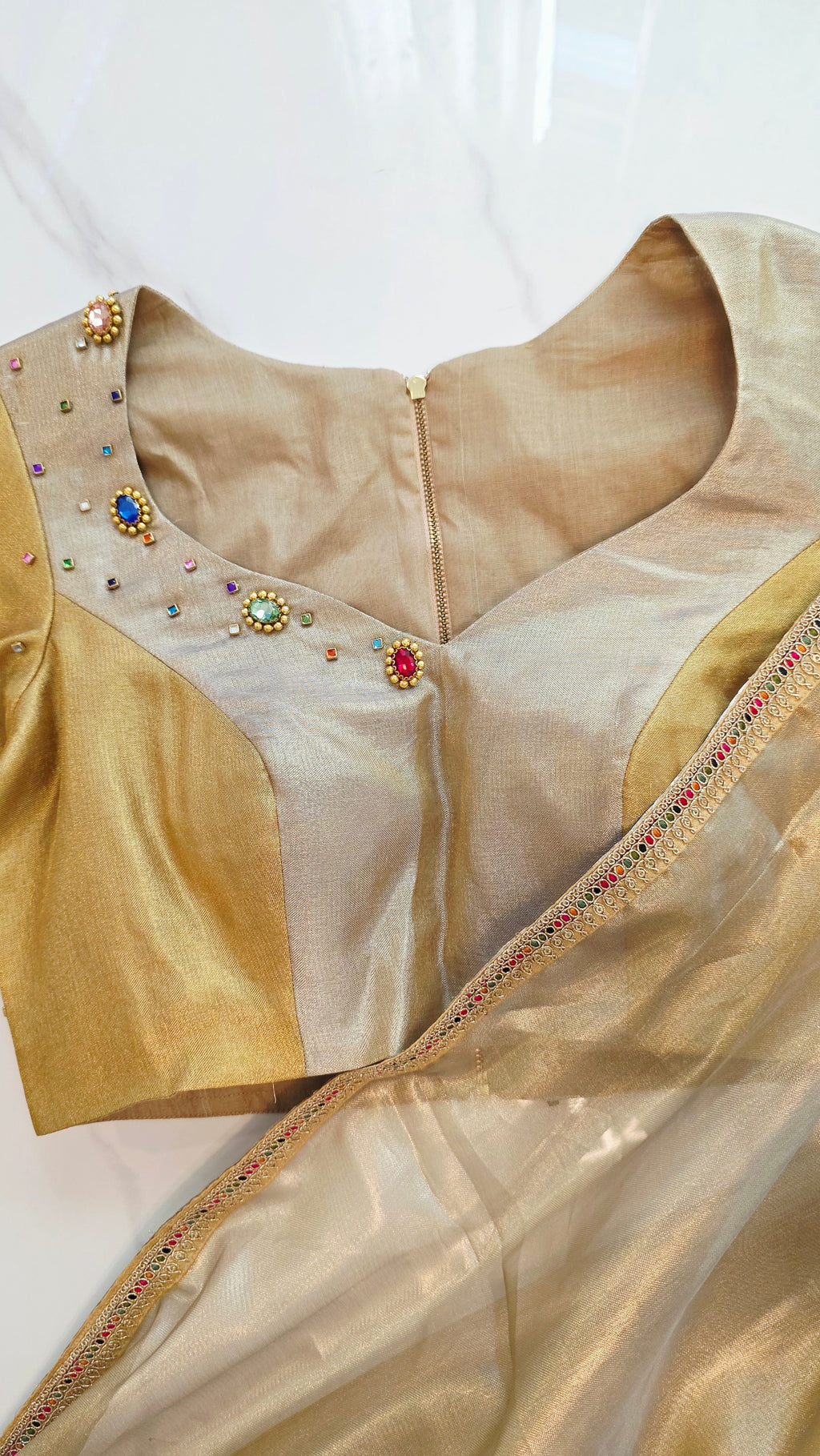 Womens Banaras Gokd and Sikver Tissue Saree with Navrathna Blouse