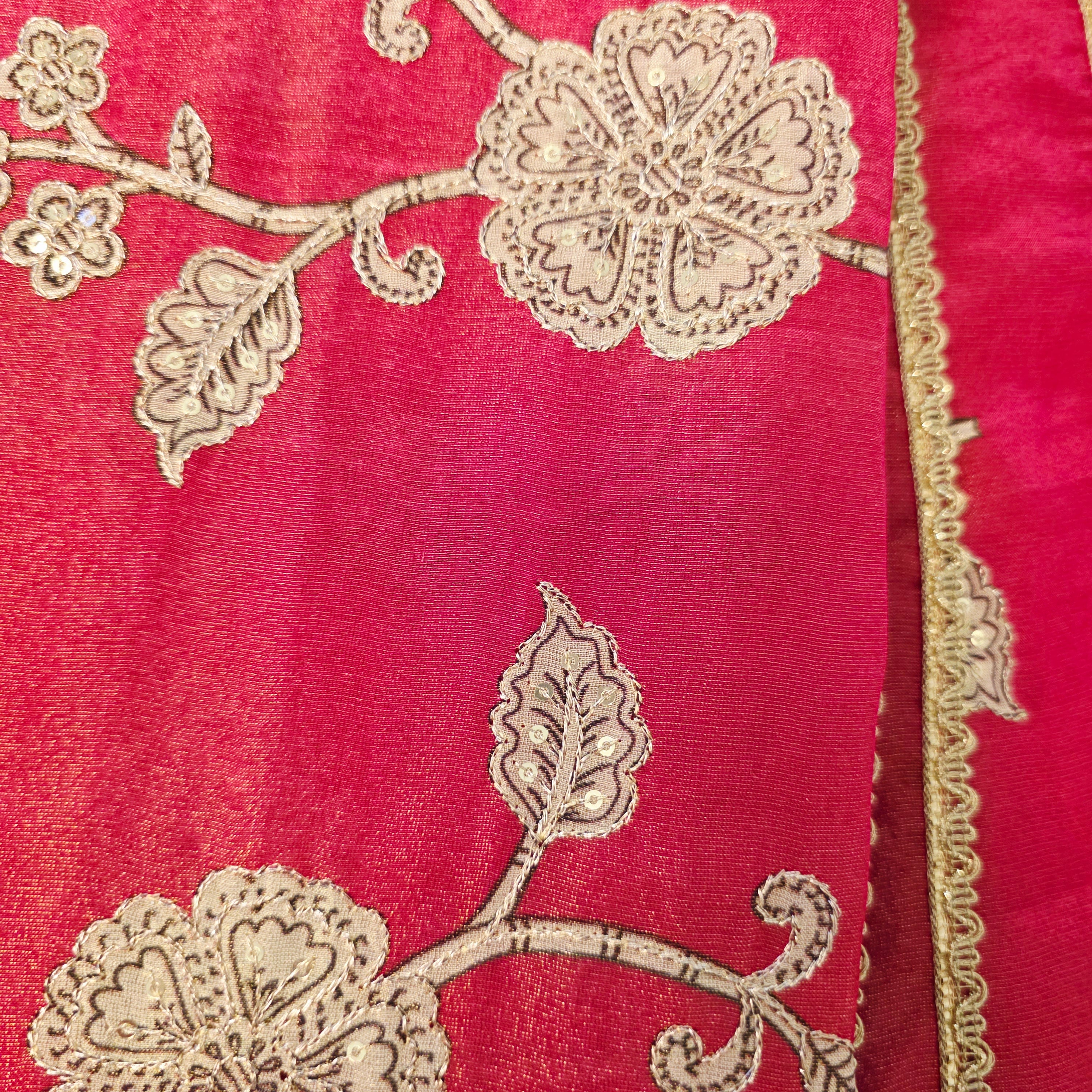 Pink Tissue Saree With Kalamkari Applique Work and Beautiful Net Blouse