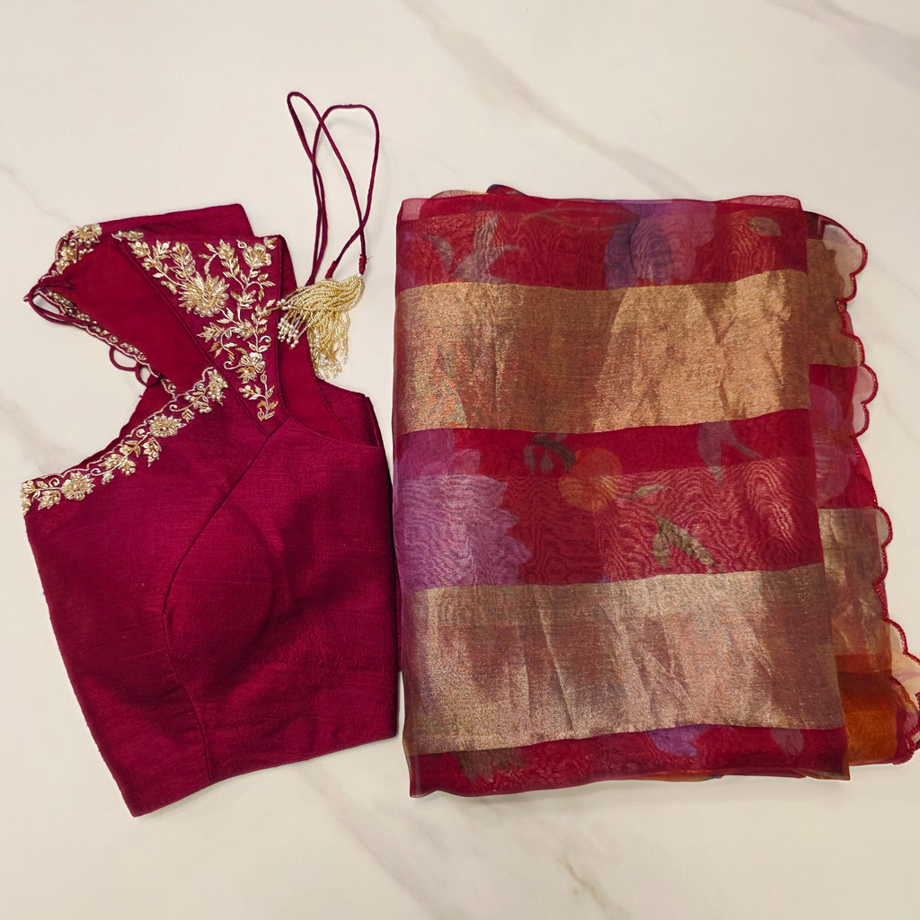 Latest Trendy Pure Organza Stripes Saree in Red Colour paired with Cute Blouse