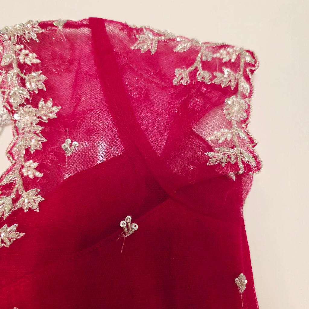 Hotpink Viscious Orgamza Stripes Saree with Net designer blouse