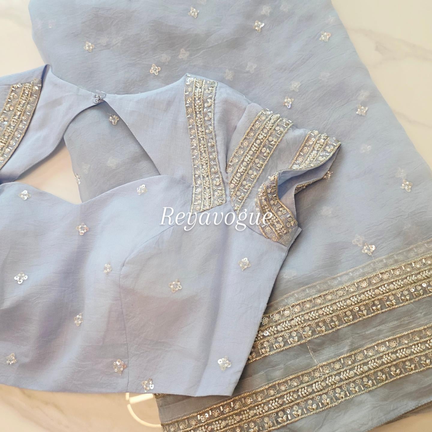 Womens Lightweight Organza Saree With Cutdana Border and Designer Blouse
