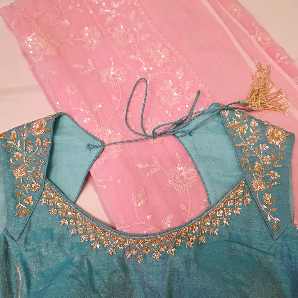 Baby Pink Sequin Georgette Saree With Skyblue Blouse