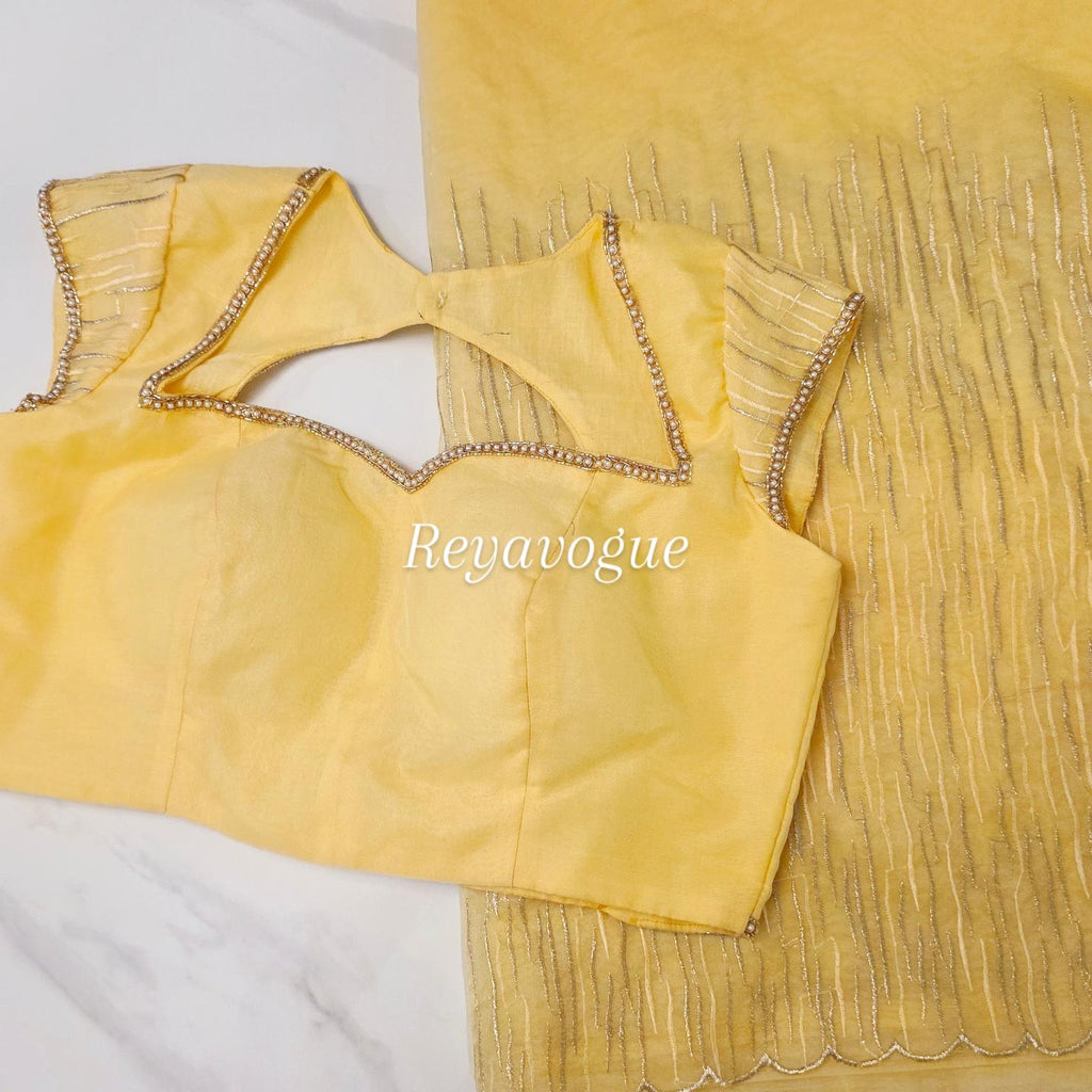 Women's Golden Yellow Turkish Organza Saree with Magam Work Blouse
