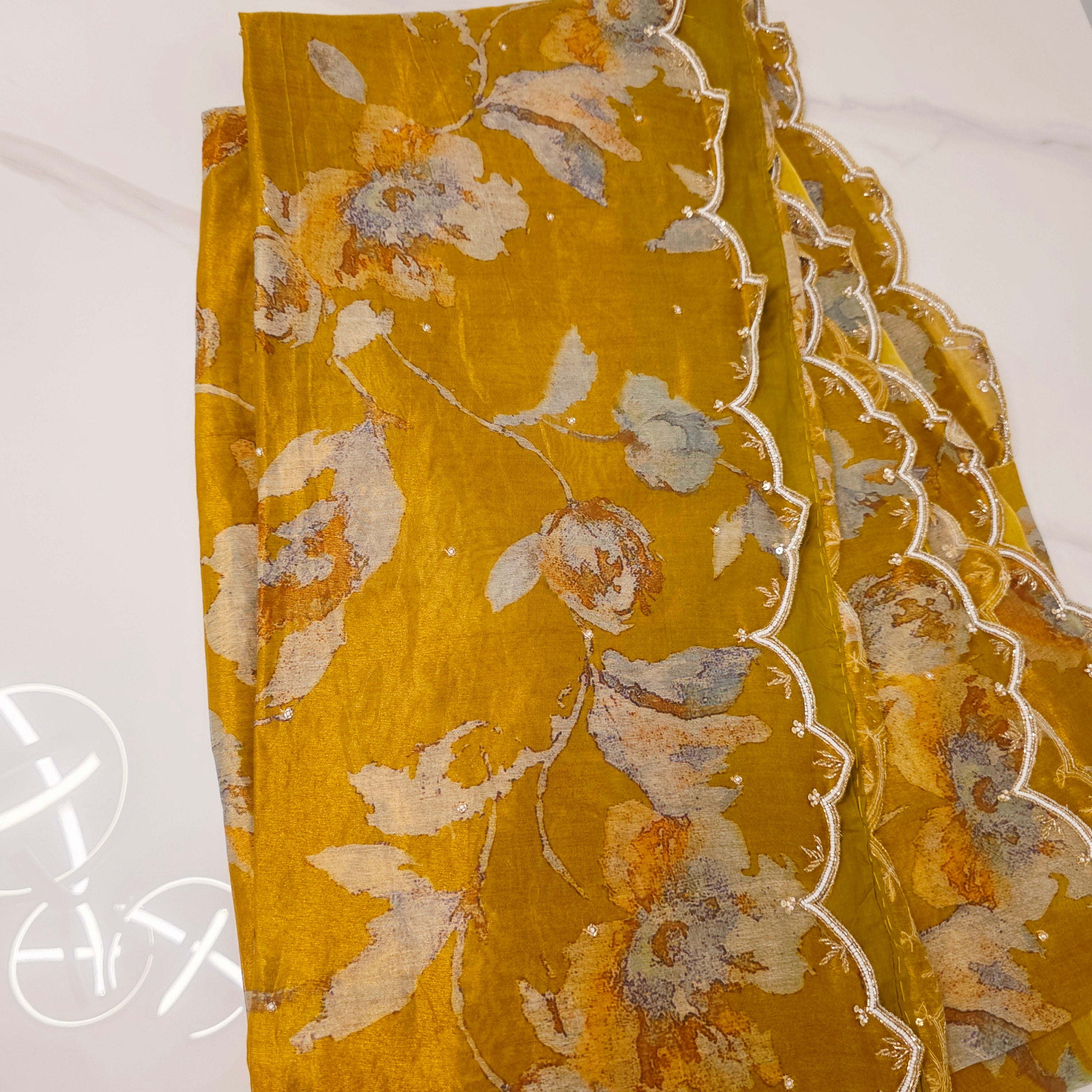 Golden Yellow Pure Tissue Saree with Saree Highlights and Rawsilk Maggam work Blouse