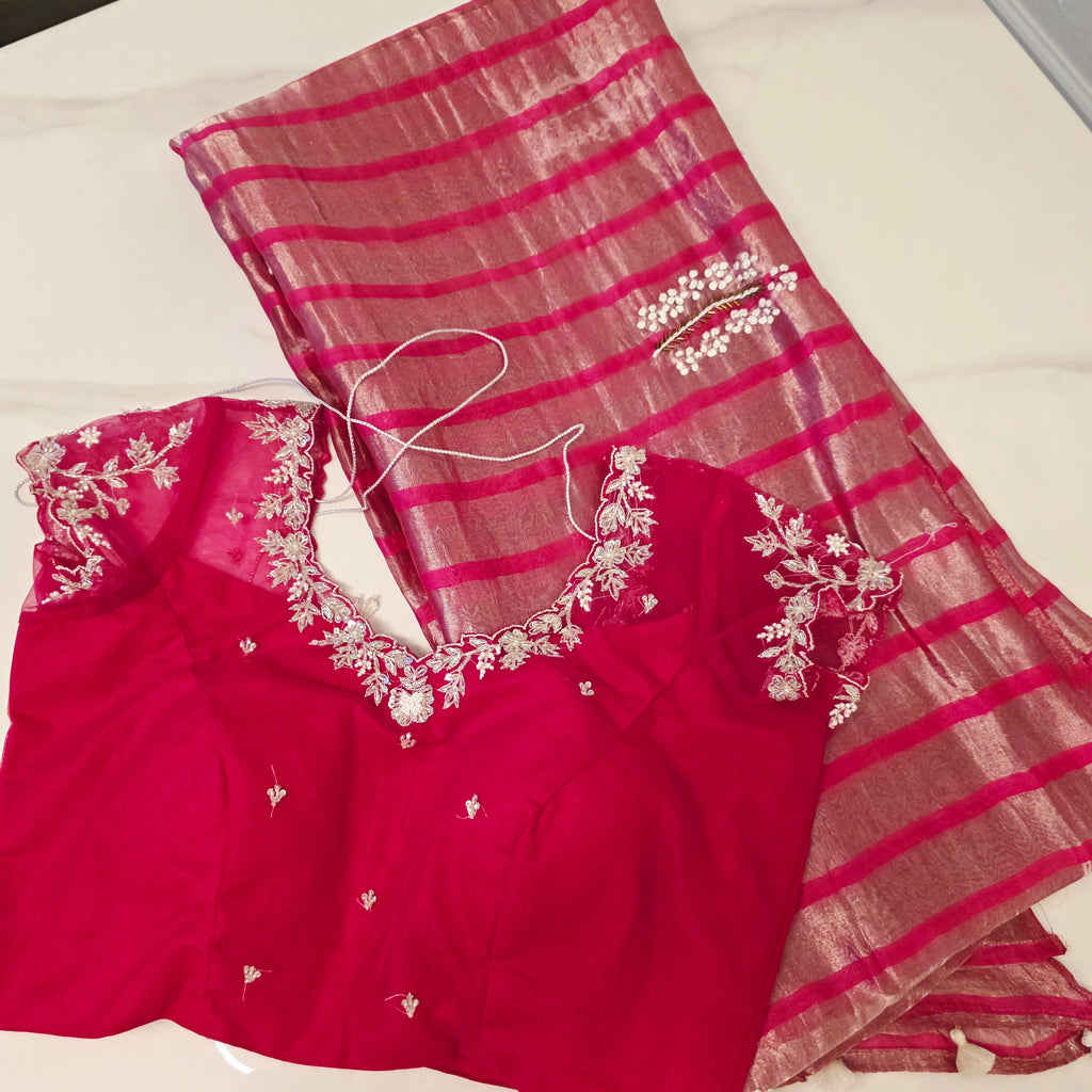 Hotpink Viscious Orgamza Stripes Saree with Net designer blouse