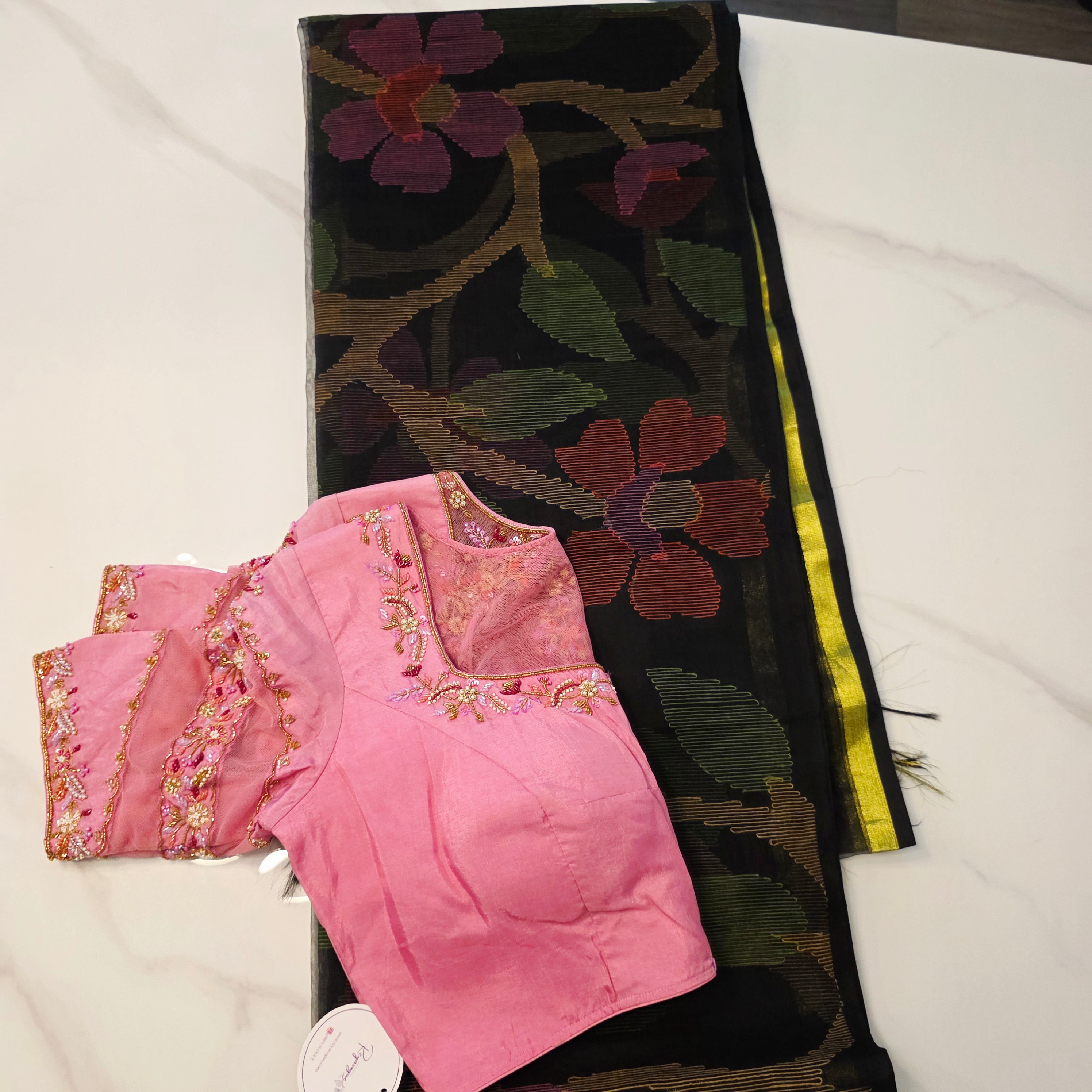 Black Muslin Jamdani Saree With Baby Pink Deaigner Blouse