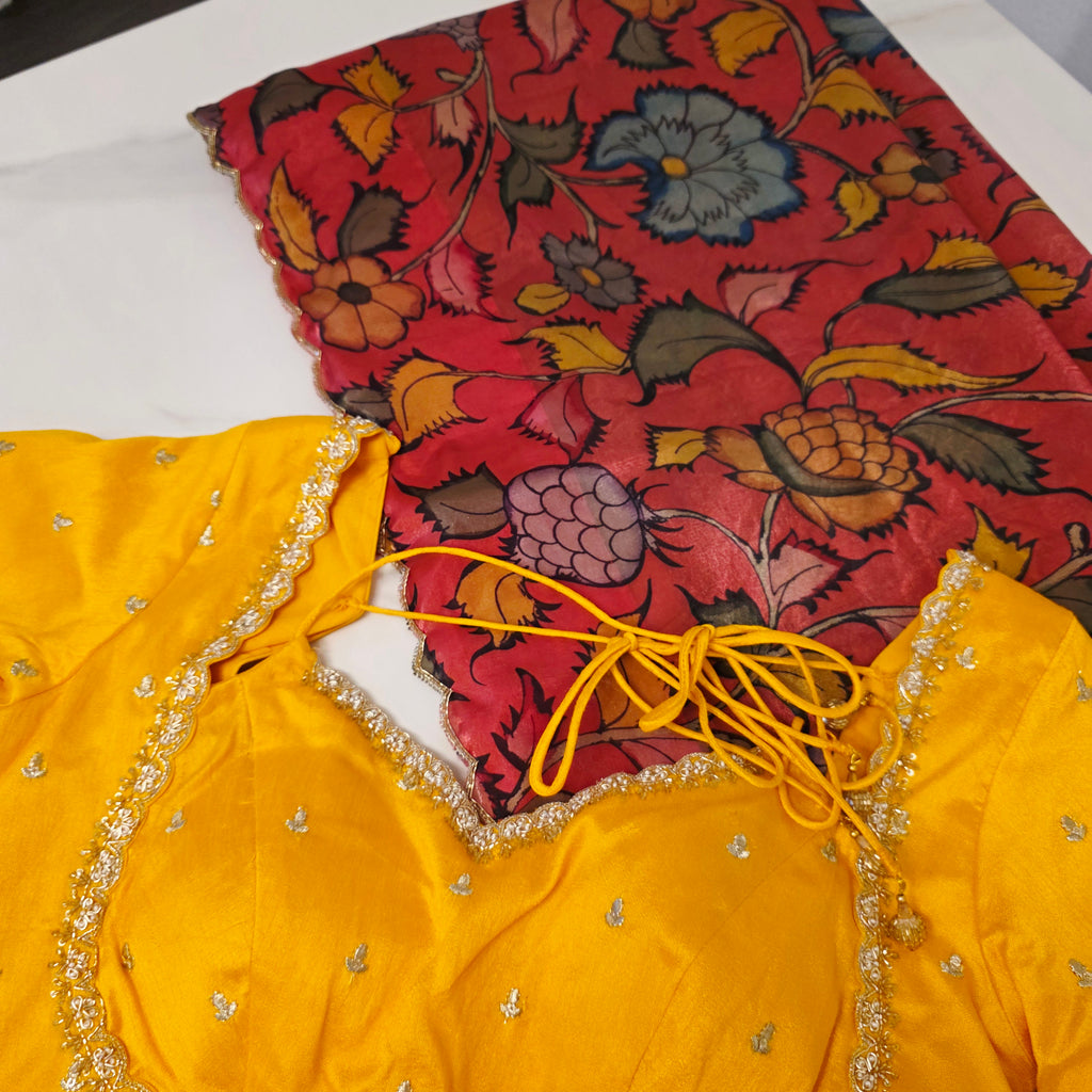 Orange Crape Silk Saree With Yellow Jacket Blouse