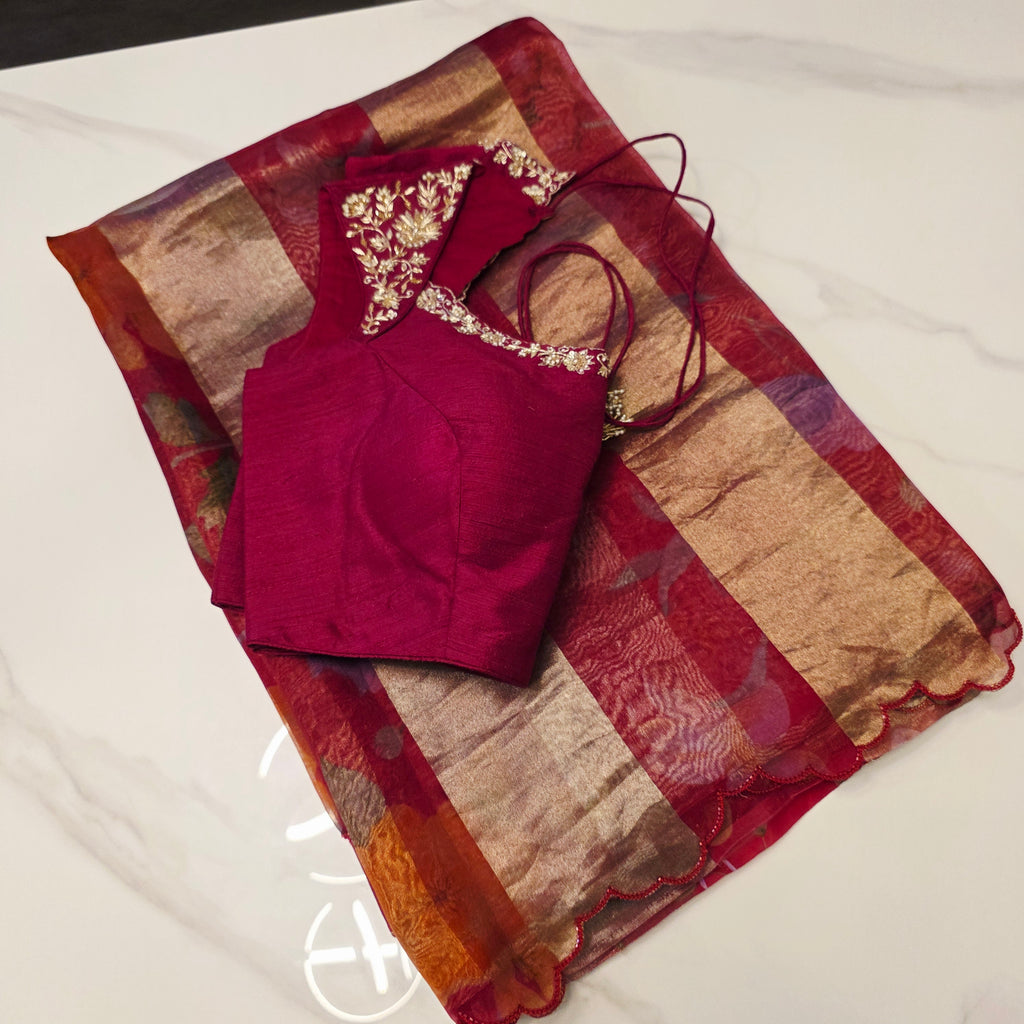 Latest Trendy Pure Organza Stripes Saree in Red Colour paired with Cute Blouse