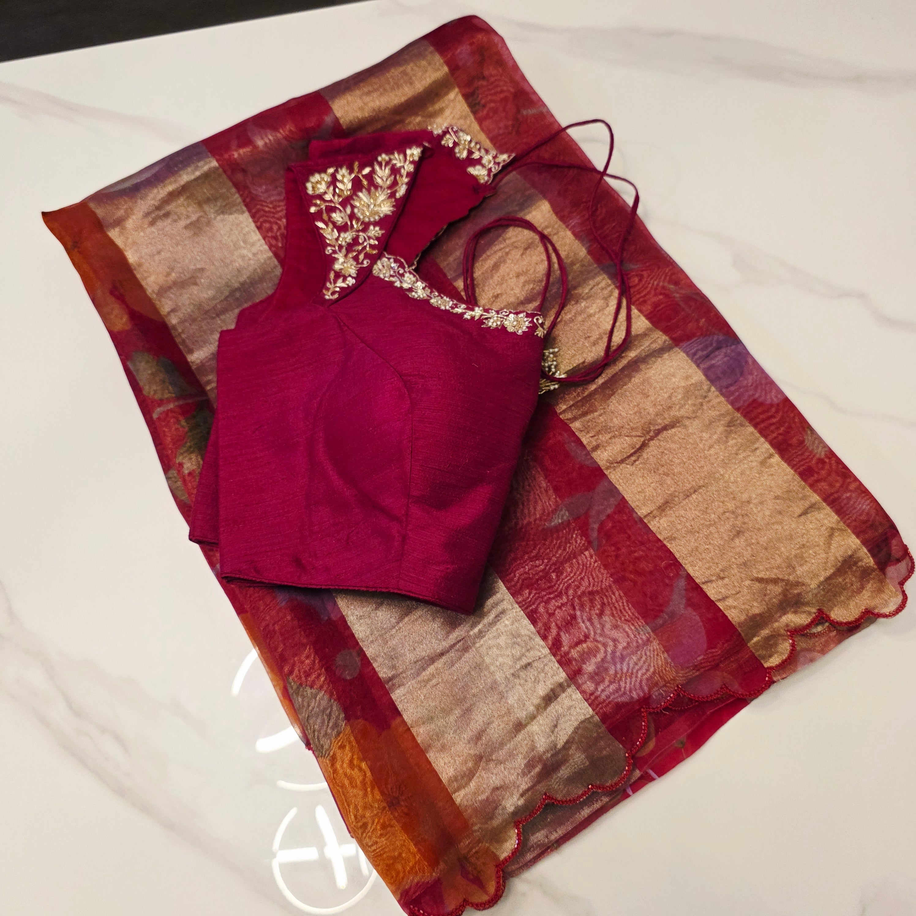 Latest Trendy Pure Organza Stripes Saree in Red Colour paired with Cute Blouse