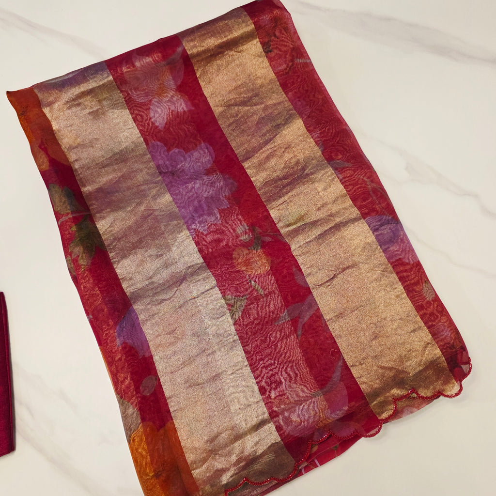 Latest Trendy Pure Organza Stripes Saree in Red Colour paired with Cute Blouse