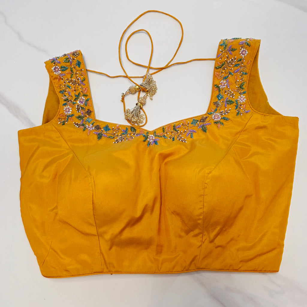 Light Pista Green Colour Cocktail Saree with all over floral sequins and yellow designer blouse