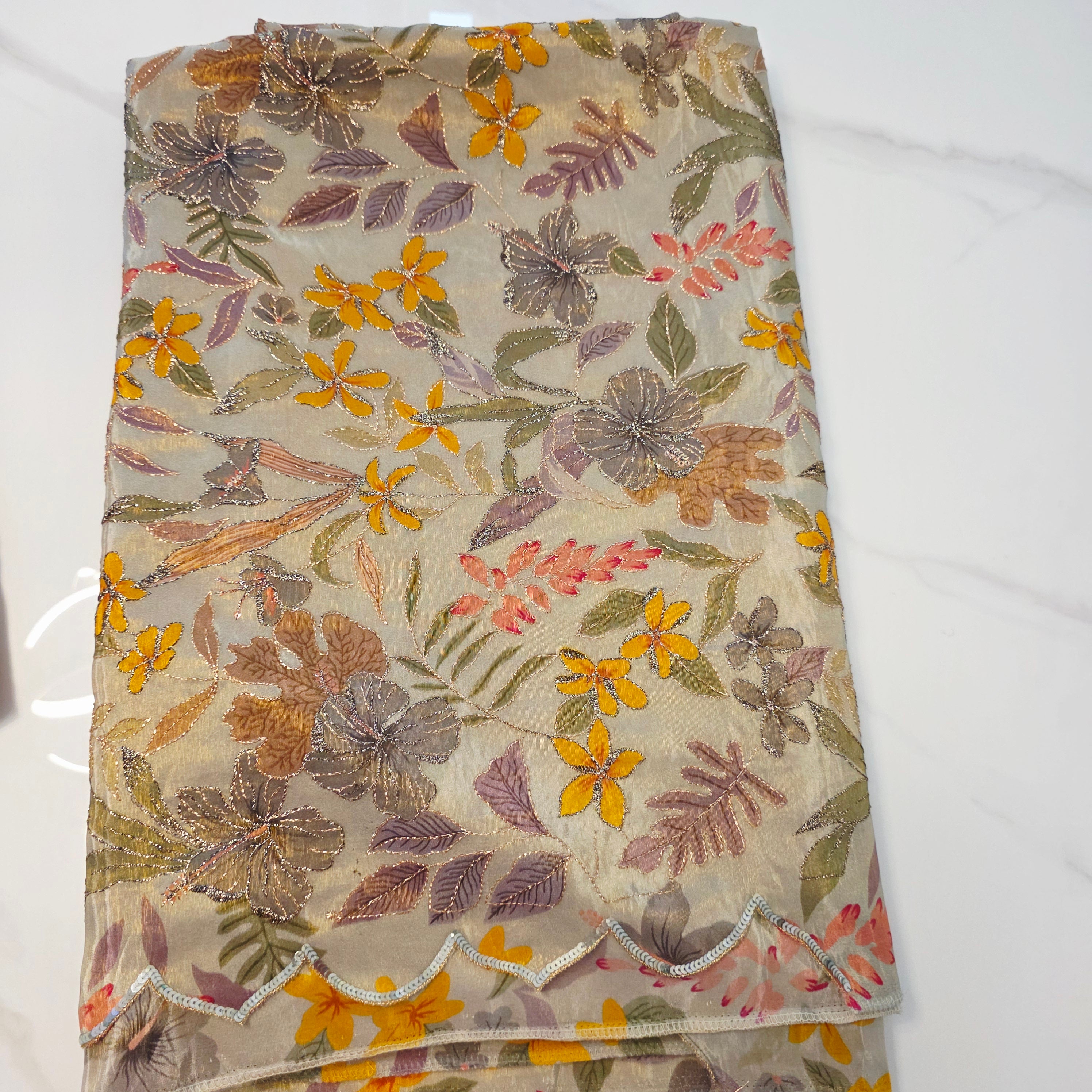 Light Pista Green Colour Cocktail Saree with all over floral sequins and yellow designer blouse