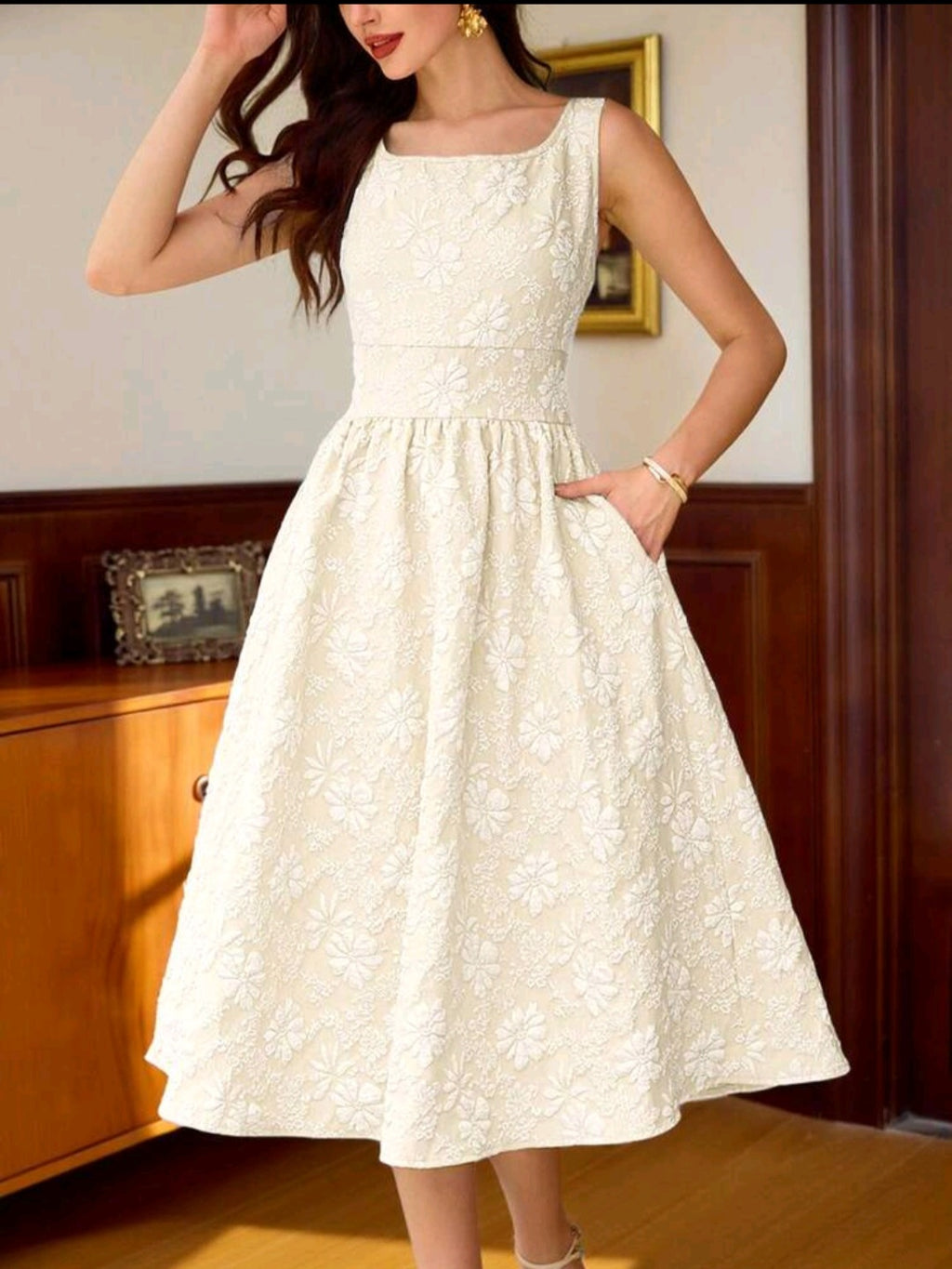 Womens Jaquard Dresses Below the Knee with pocket