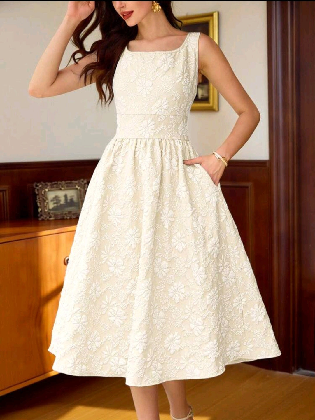 Womens Jaquard Dresses Below the Knee with pocket