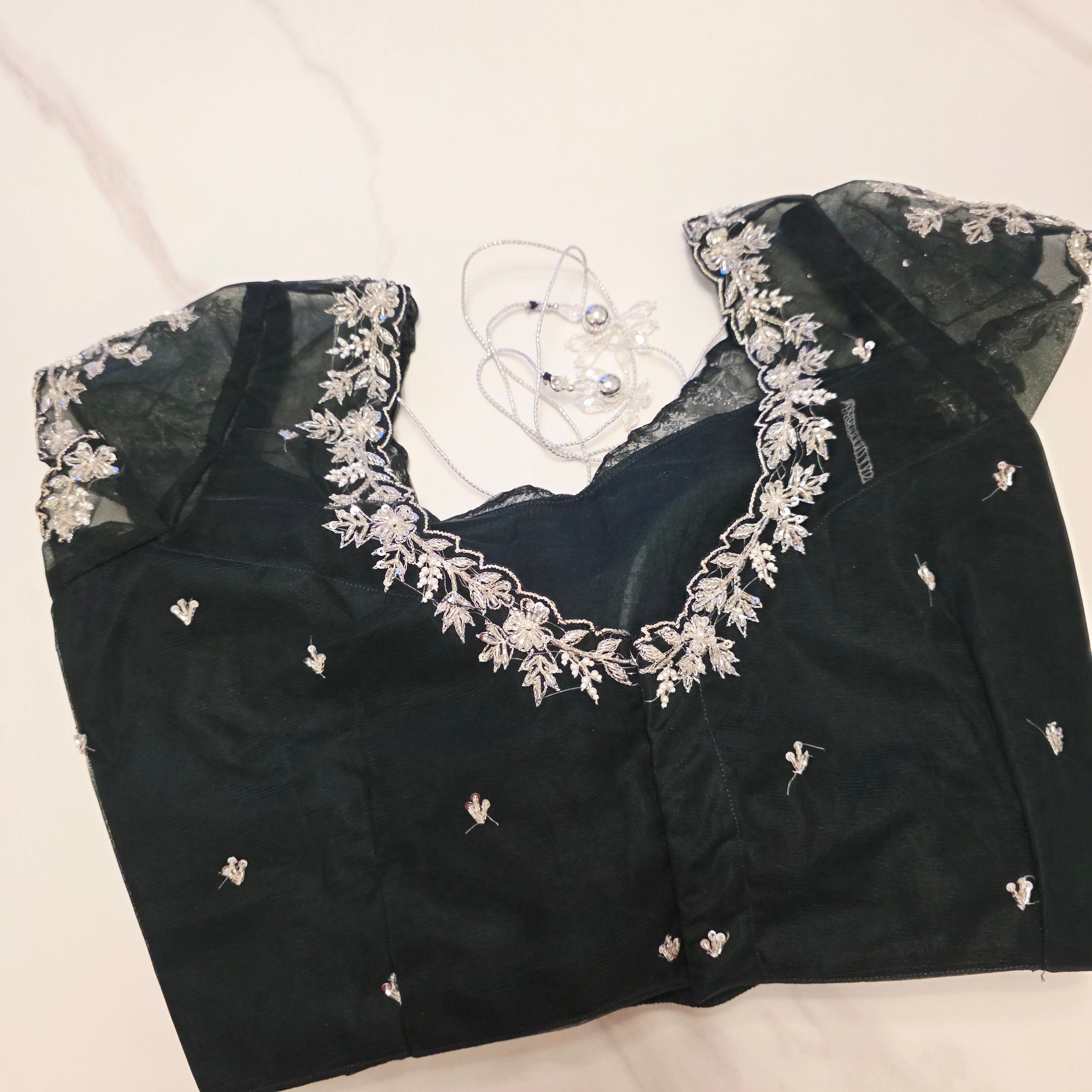 Bottle Green Viscious Organza Stripes Saree with Net Maggamwork blouse