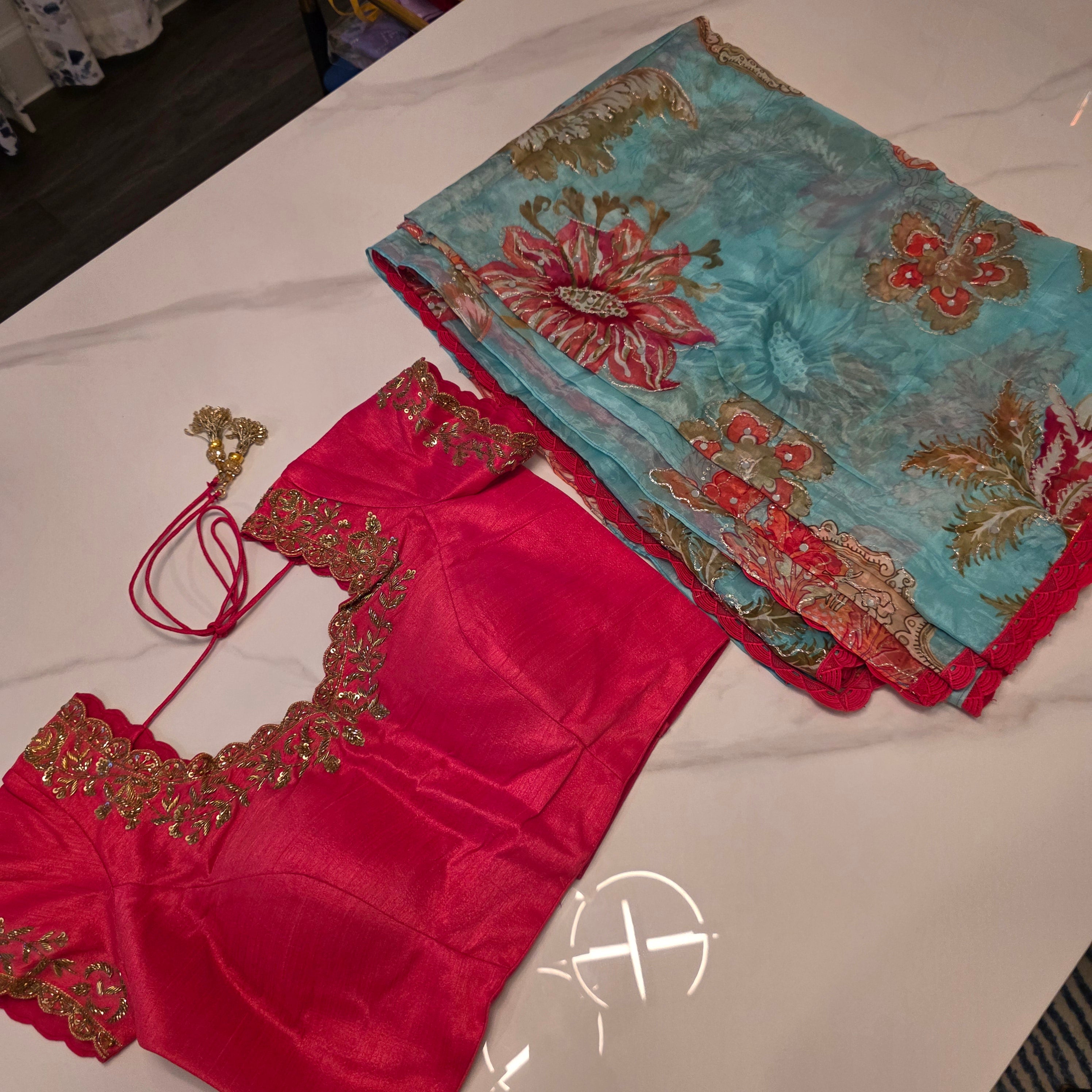 Light Blue Shiny Viscious Organza Saree paied with beautiful Maggam work Blouse