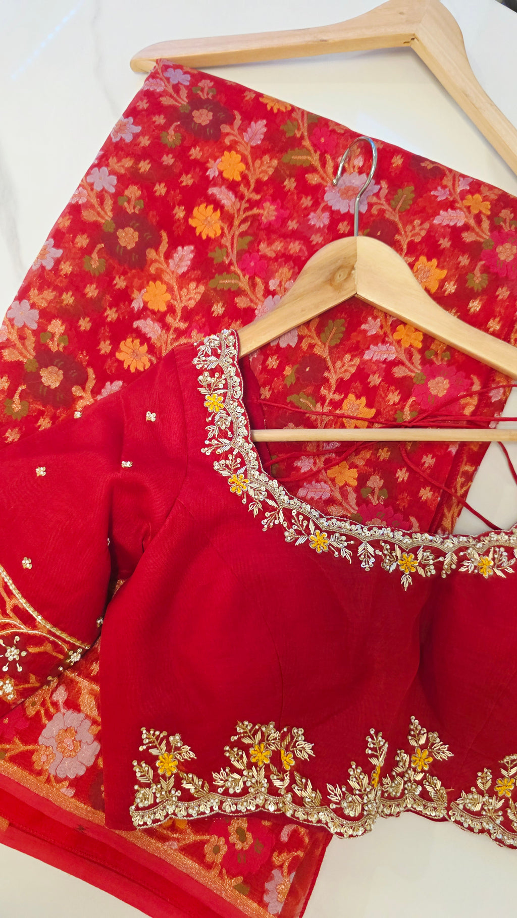 Womens Pure Banaras Kora Jamdani Sarees in Red Paired with Heavy Maggam Work Blouse