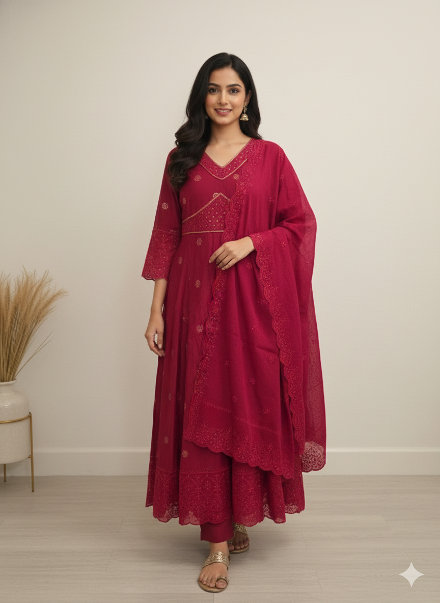 Rote bestickte Kurta für Damen mit Hose und Dupatta